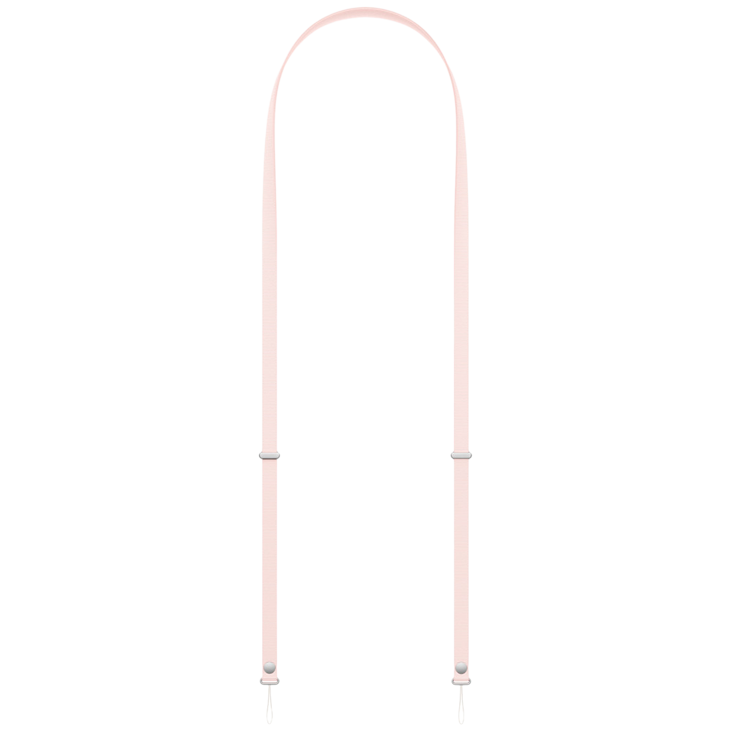 Een lichtroze band met zilveren gespen en een haak.