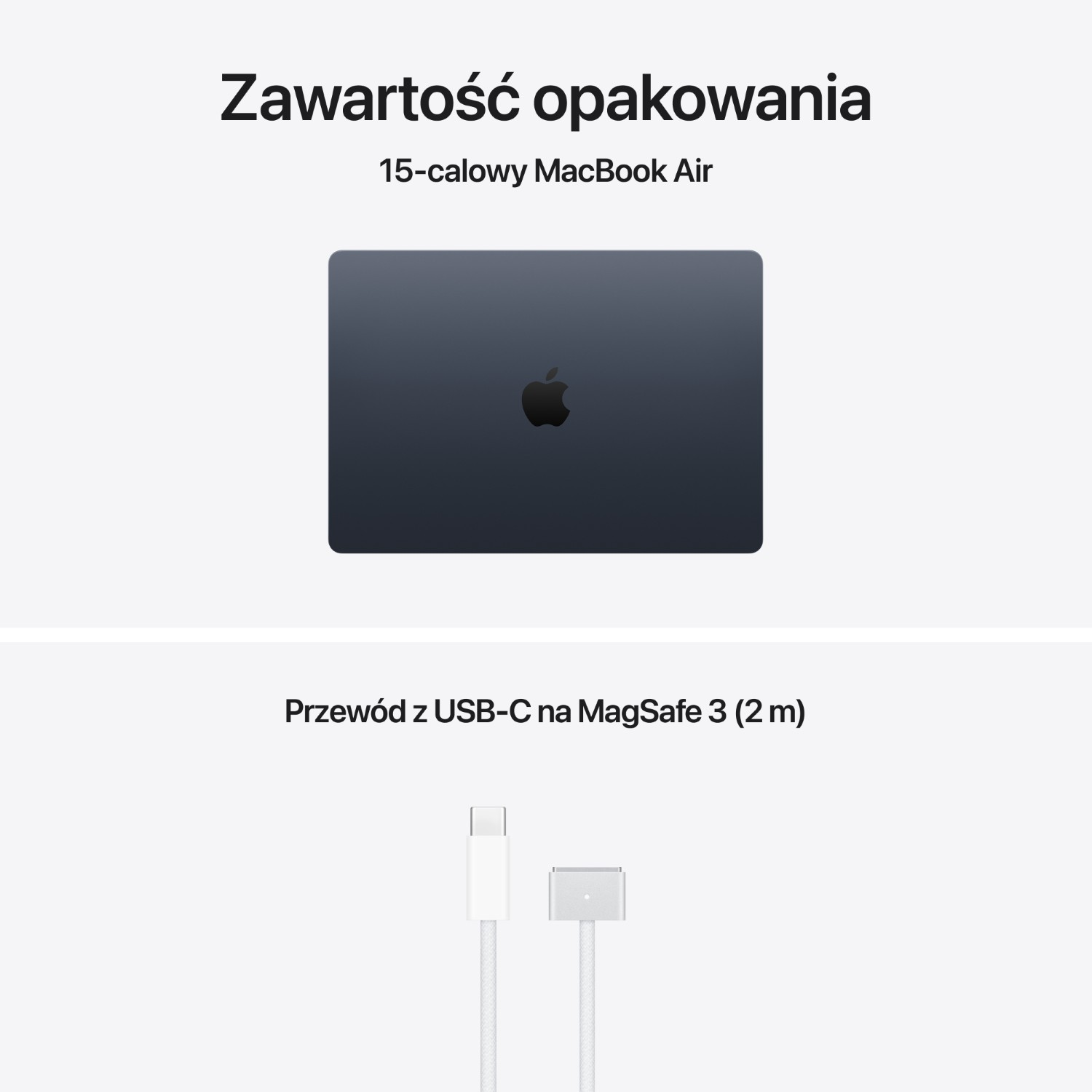 Ciemny MacBook Air i biały kabel USB-C na MagSafe 3.