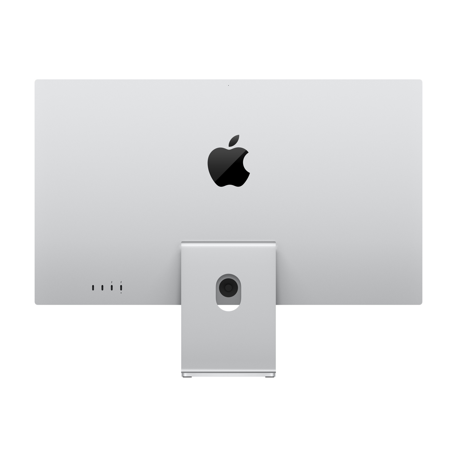 Retro di un iMac argento con logo Apple e supporto.