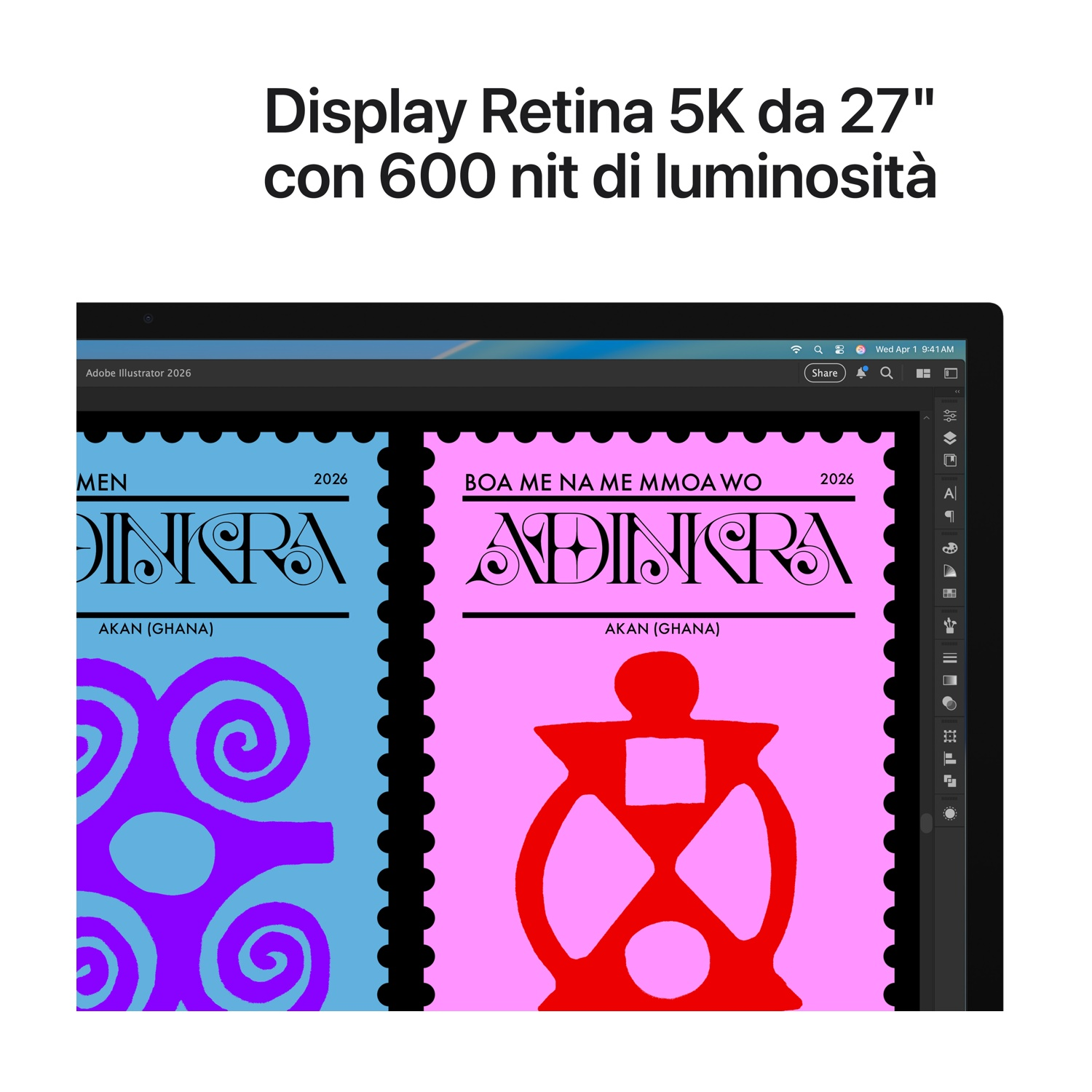 Due design di francobolli su schermo laptop. Sinistra blu con motivo viola, destra rosa con simbolo rosso.