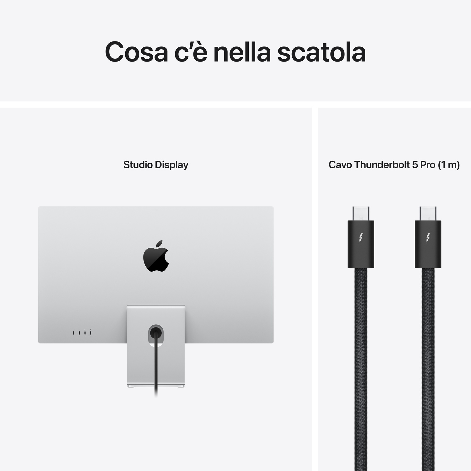Studio Display con logo Apple e due cavi Thunderbolt neri.