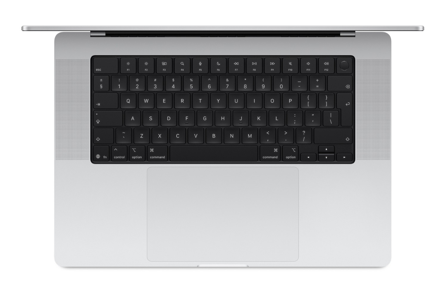 Widok z góry srebrnego laptopa, pokazujący czarną klawiaturę i duży touchpad.