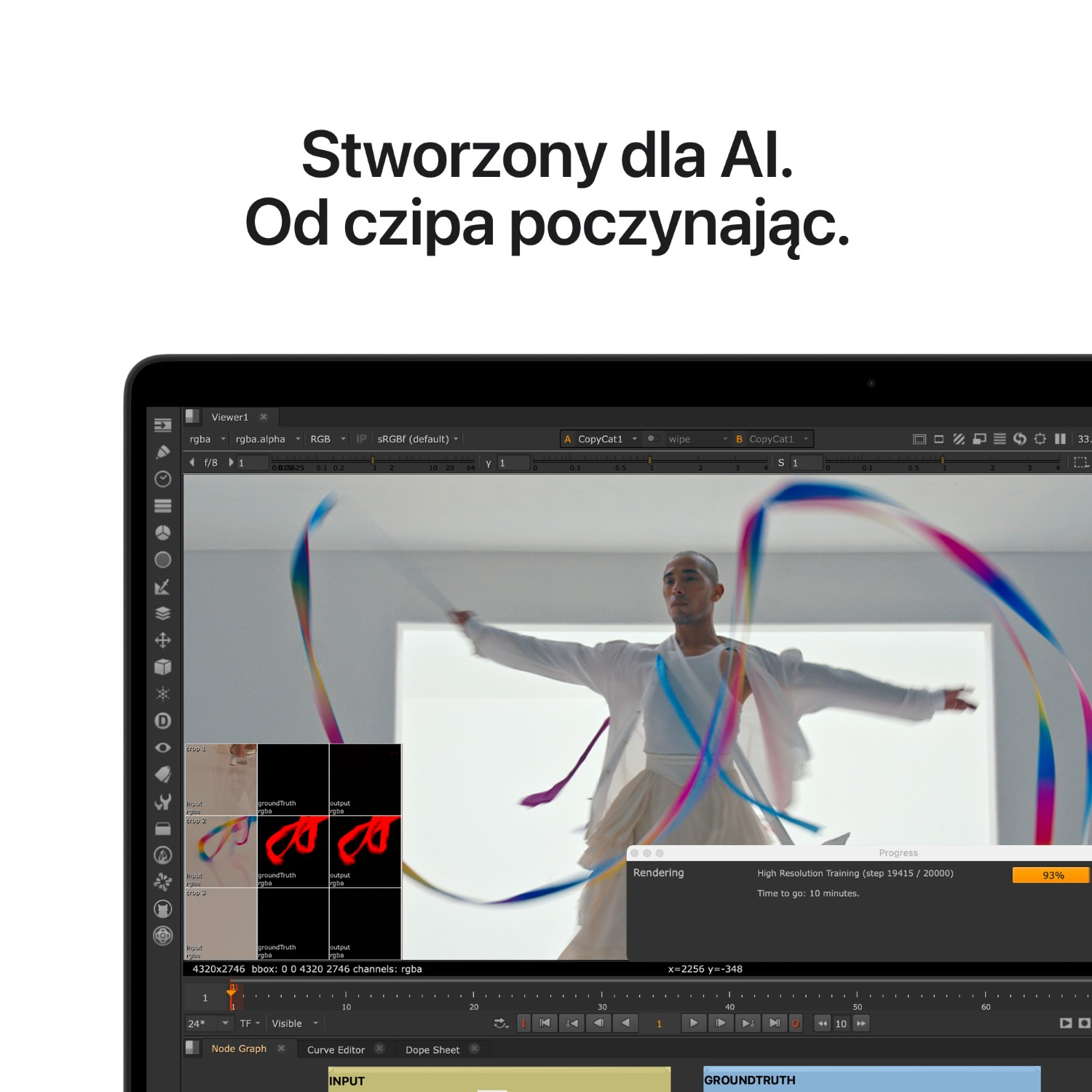 Mężczyzna w białej koszuli i spódnicy tańczy z kolorowymi wstążkami w jasnym pomieszczeniu.
