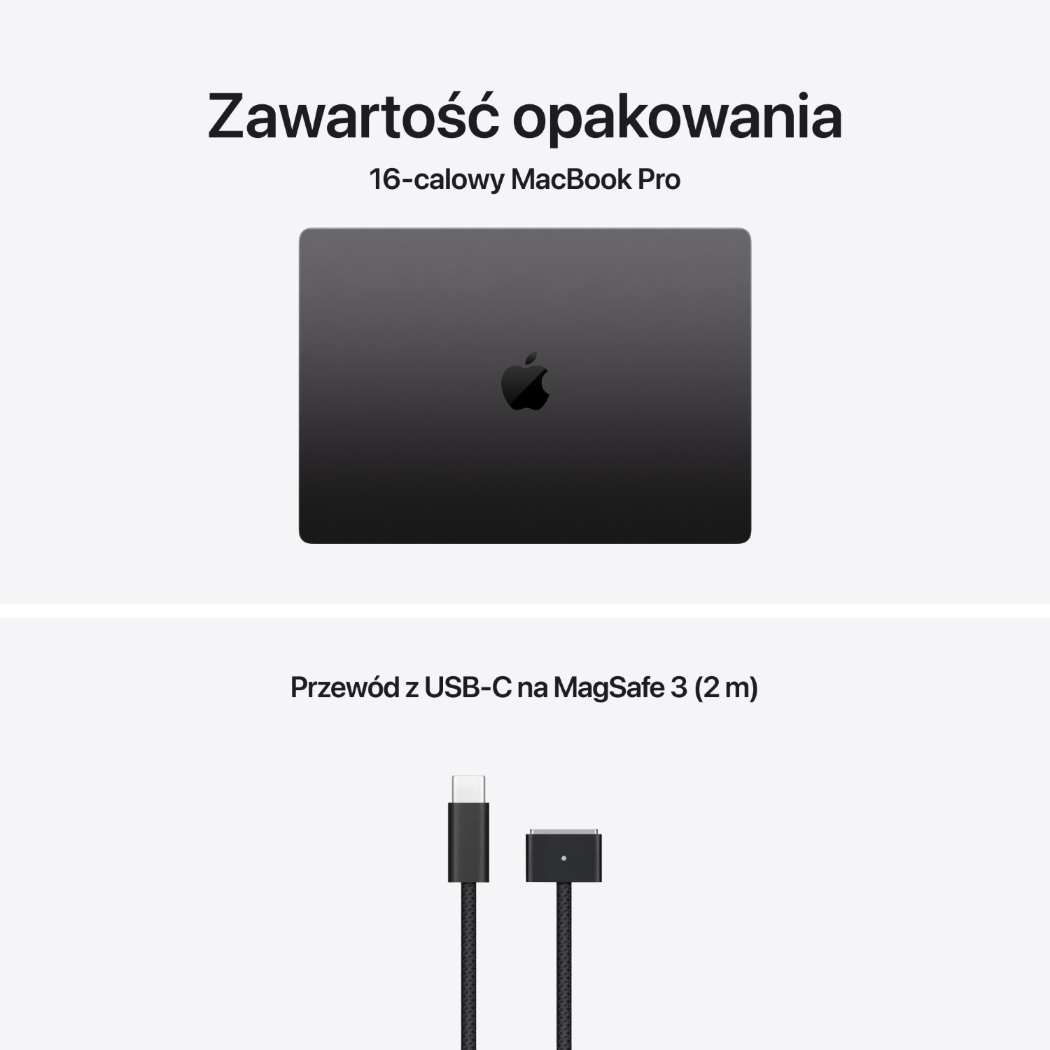 Ciemny 16-calowy MacBook Pro i kabel USB-C na MagSafe 3.