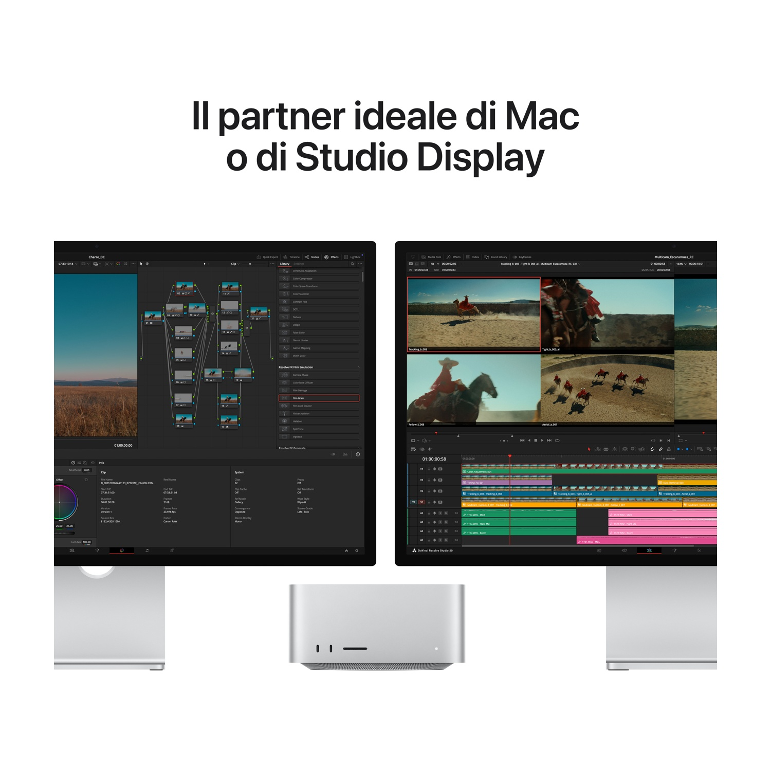 Due Mac e un Mac Studio accanto a finestre di software di editing video.