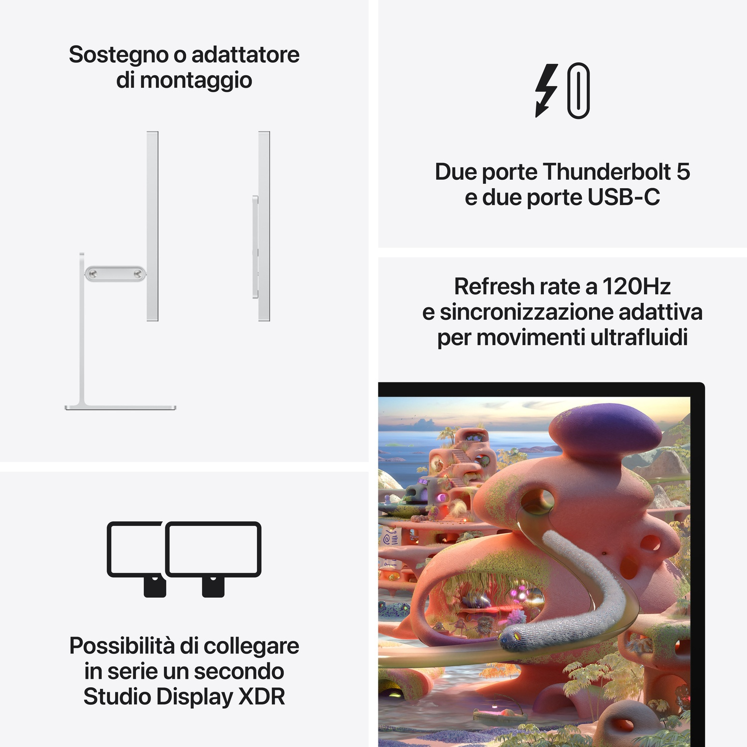 Dettagli monitor: supporto, porte, 120Hz, collegamento a due display e paesaggio surreale.
