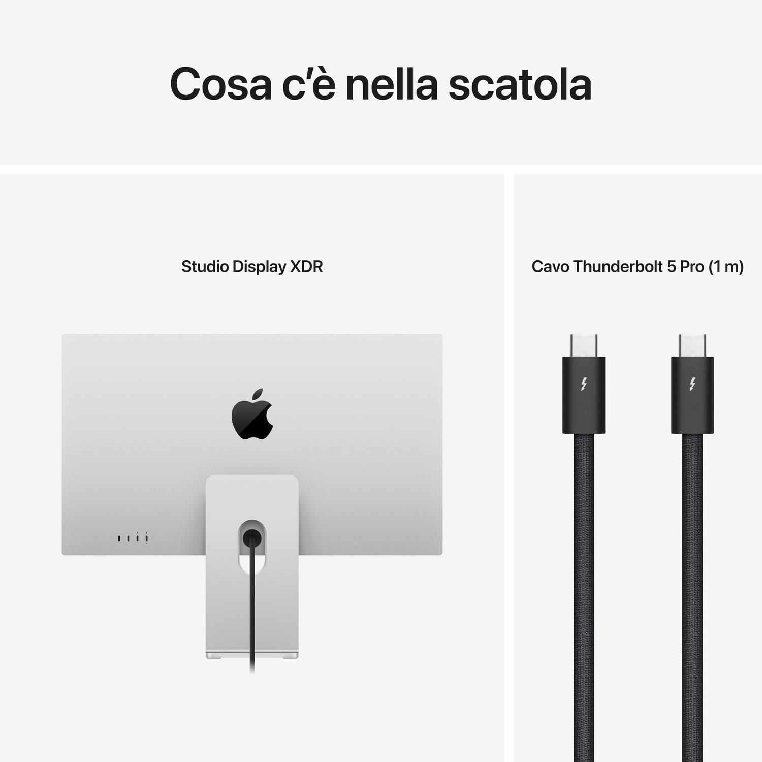 Studio Display XDR con logo Apple e due cavi Thunderbolt 5 Pro.