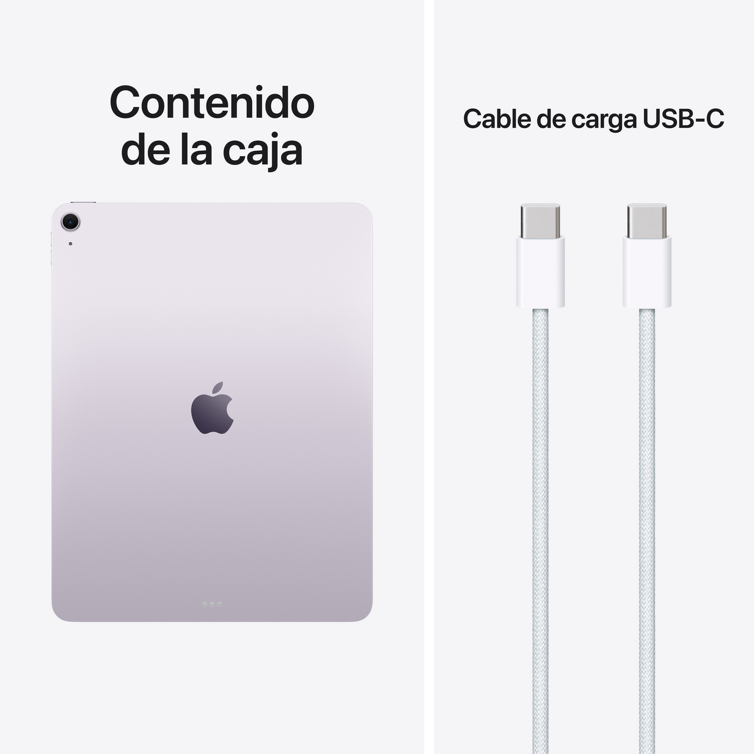 Un iPad morado con logo de Apple y dos cables de carga USB-C blancos.