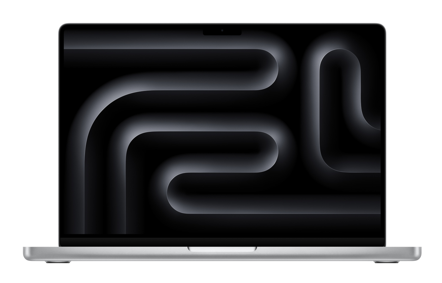 Srebrny laptop z ciemnym abstrakcyjnym wzorem na ekranie.