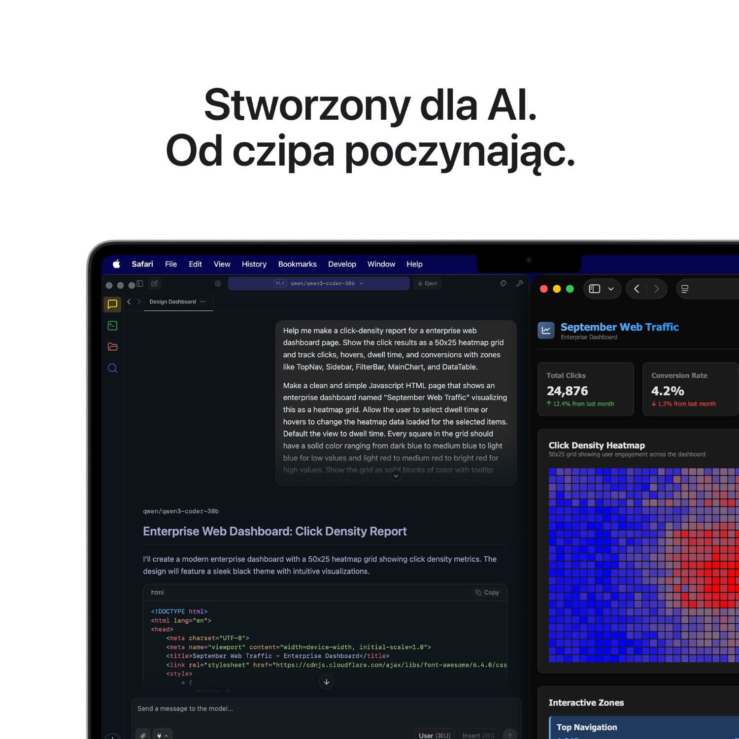 Ciemny ekran pokazuje pulpit nawigacyjny z mapą cieplną gęstości kliknięć od niebieskiego do czerwonego.