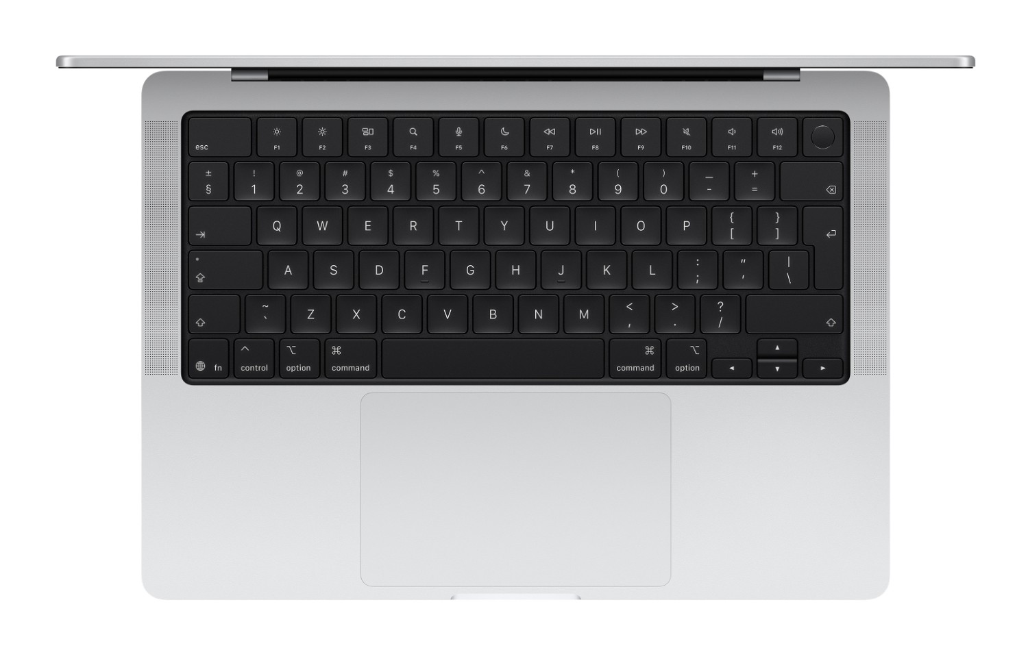 Srebrny laptop z klawiaturą i gładzikiem, widok z góry.
