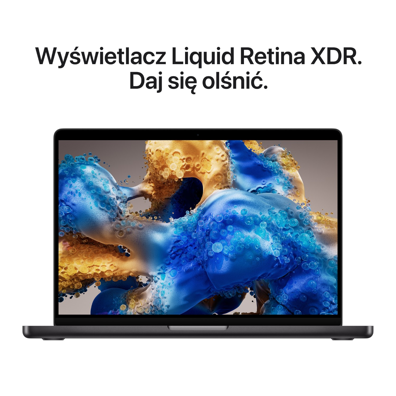 Laptop wyświetlający abstrakcyjny obraz niebieskich i złotych bąbelków na ekranie.