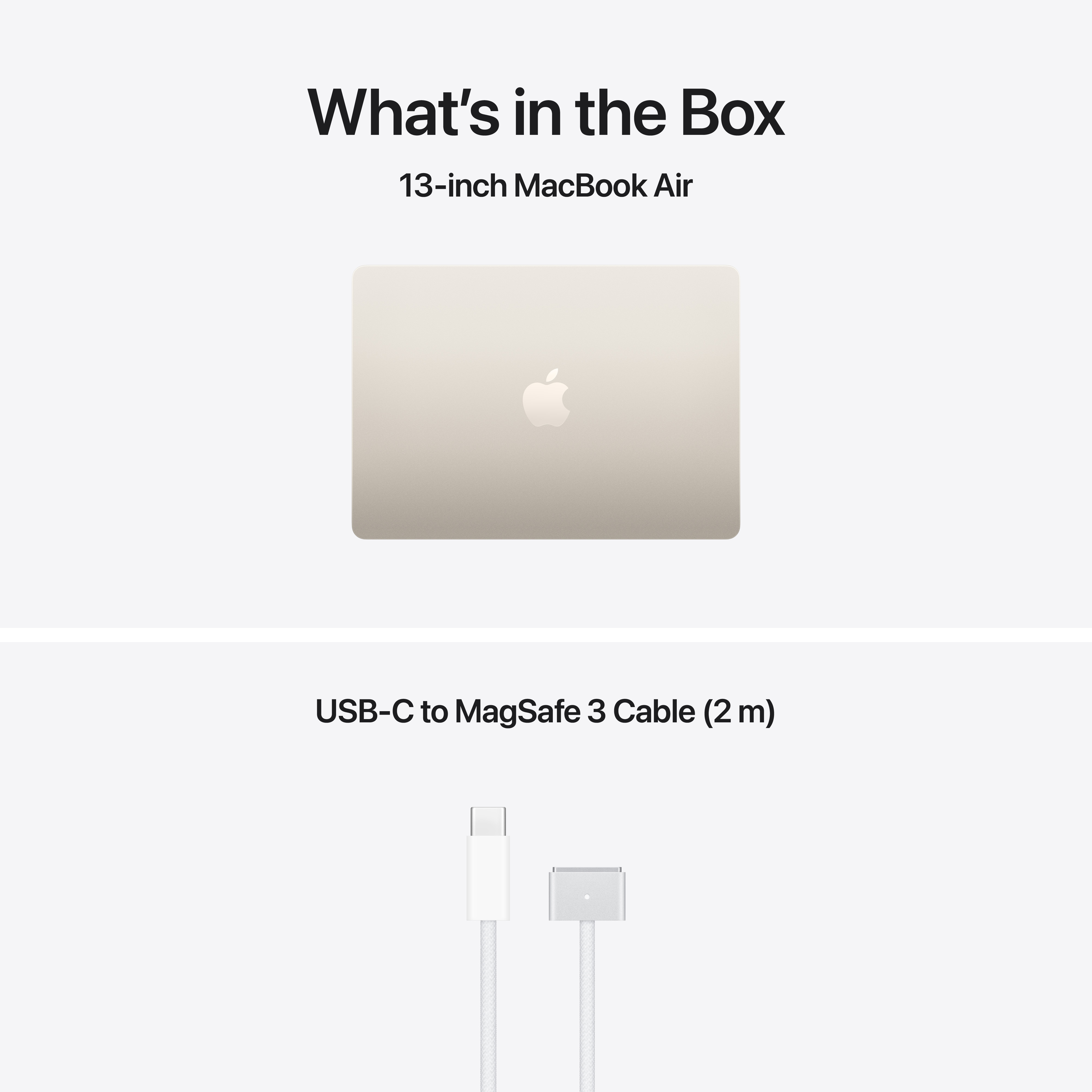 Un MacBook Air dorato da 13 pollici e un cavo USB-C a MagSafe 3.