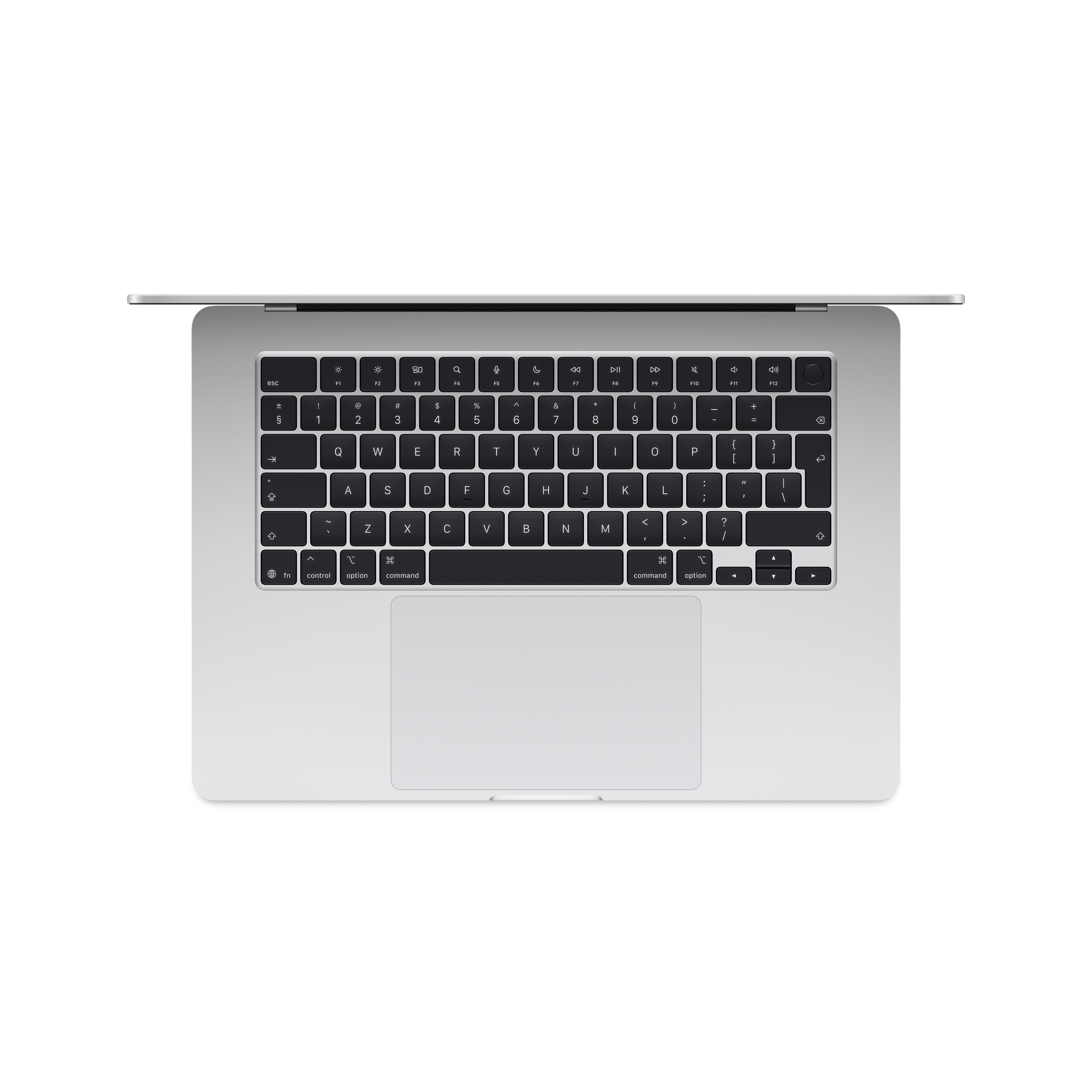 Ordinateur portable argenté avec clavier et trackpad ouverts, gros plan.