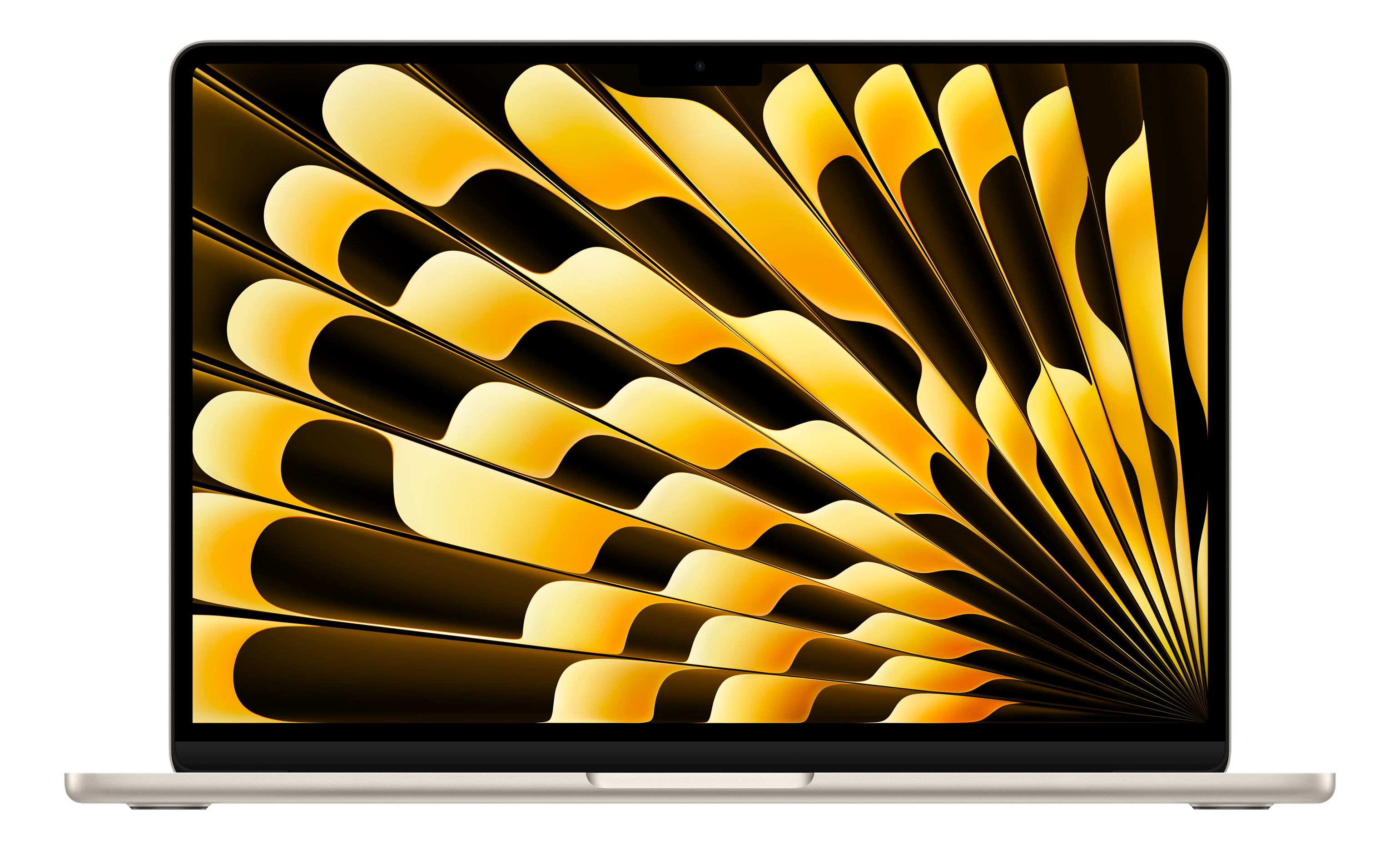 Ein silberner Laptop mit einem goldenen, fächerförmigen Hintergrund auf dem Bildschirm.