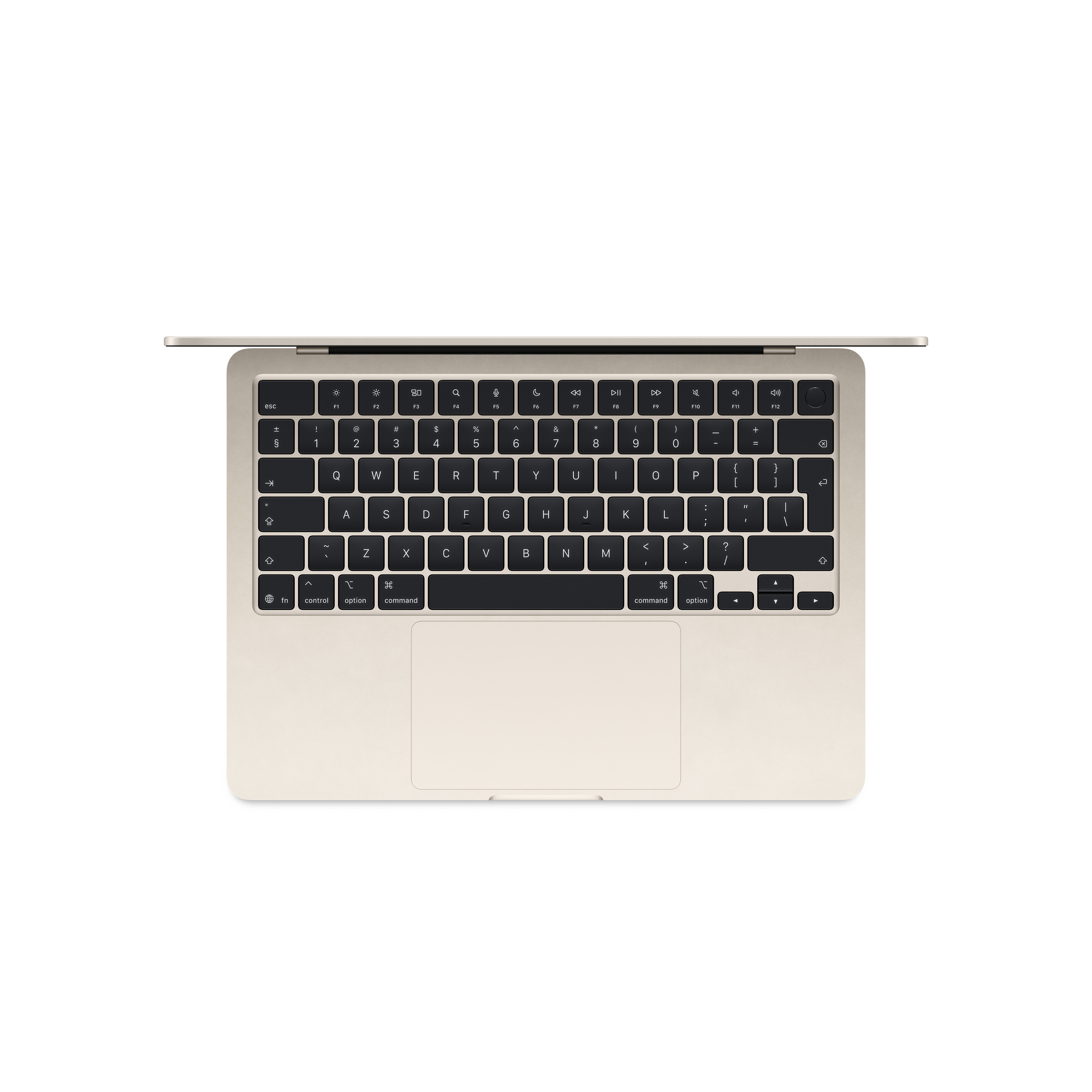 Ein hellgoldener Laptop, von oben auf die Tastatur und das Touchpad blickend.