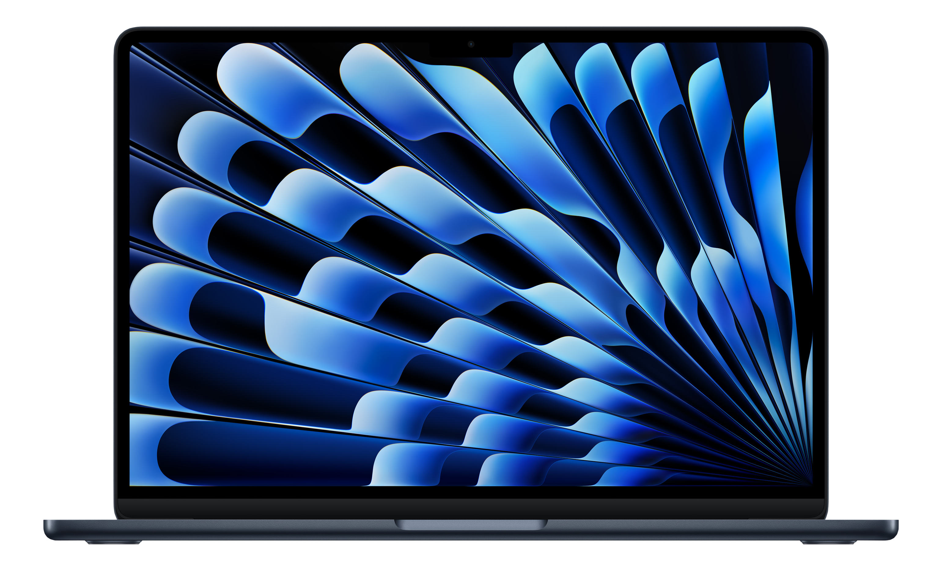 Un MacBook scuro con uno sfondo astratto blu.