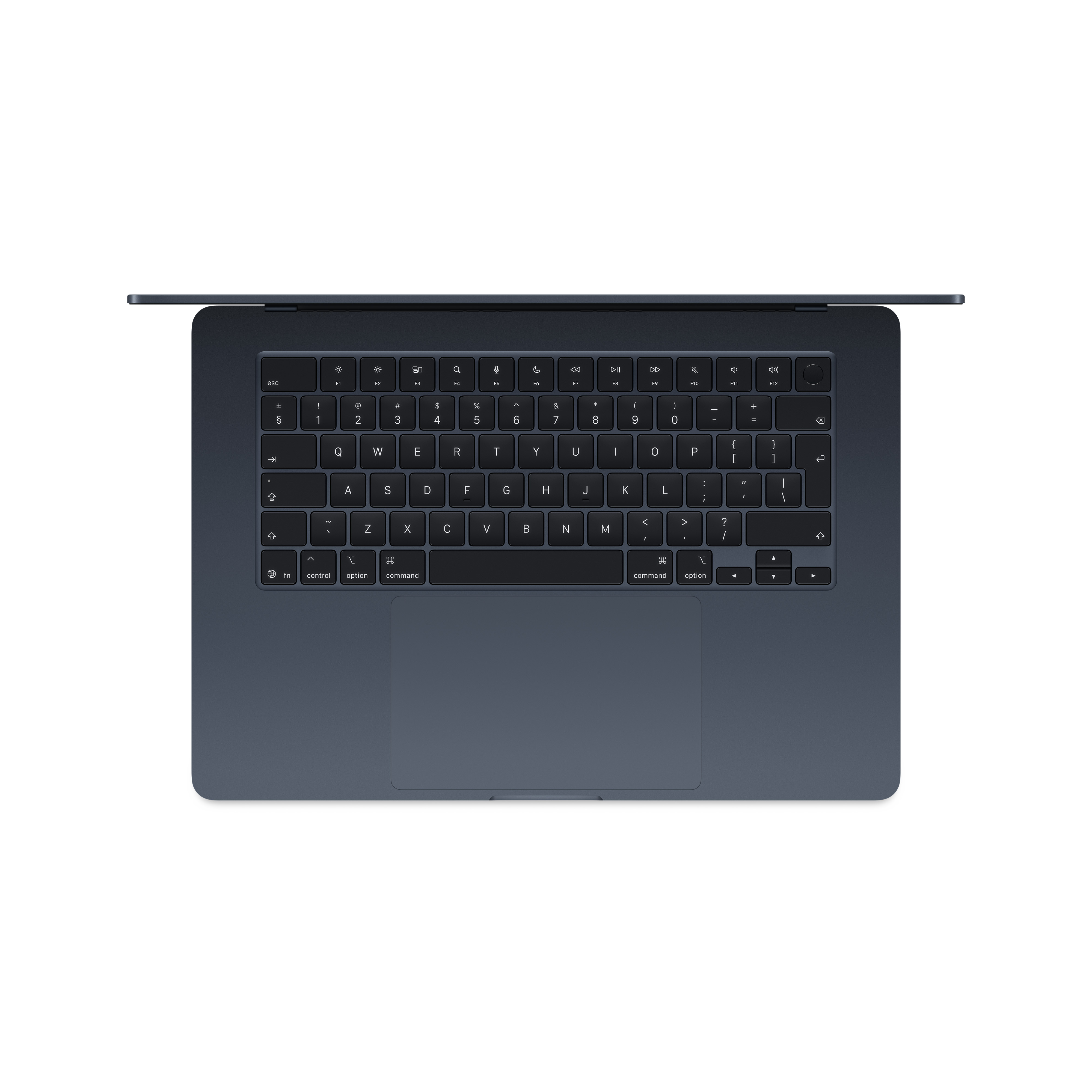 Ordinateur portable bleu foncé, ouvert et vu de dessus. Clavier et trackpad visibles.