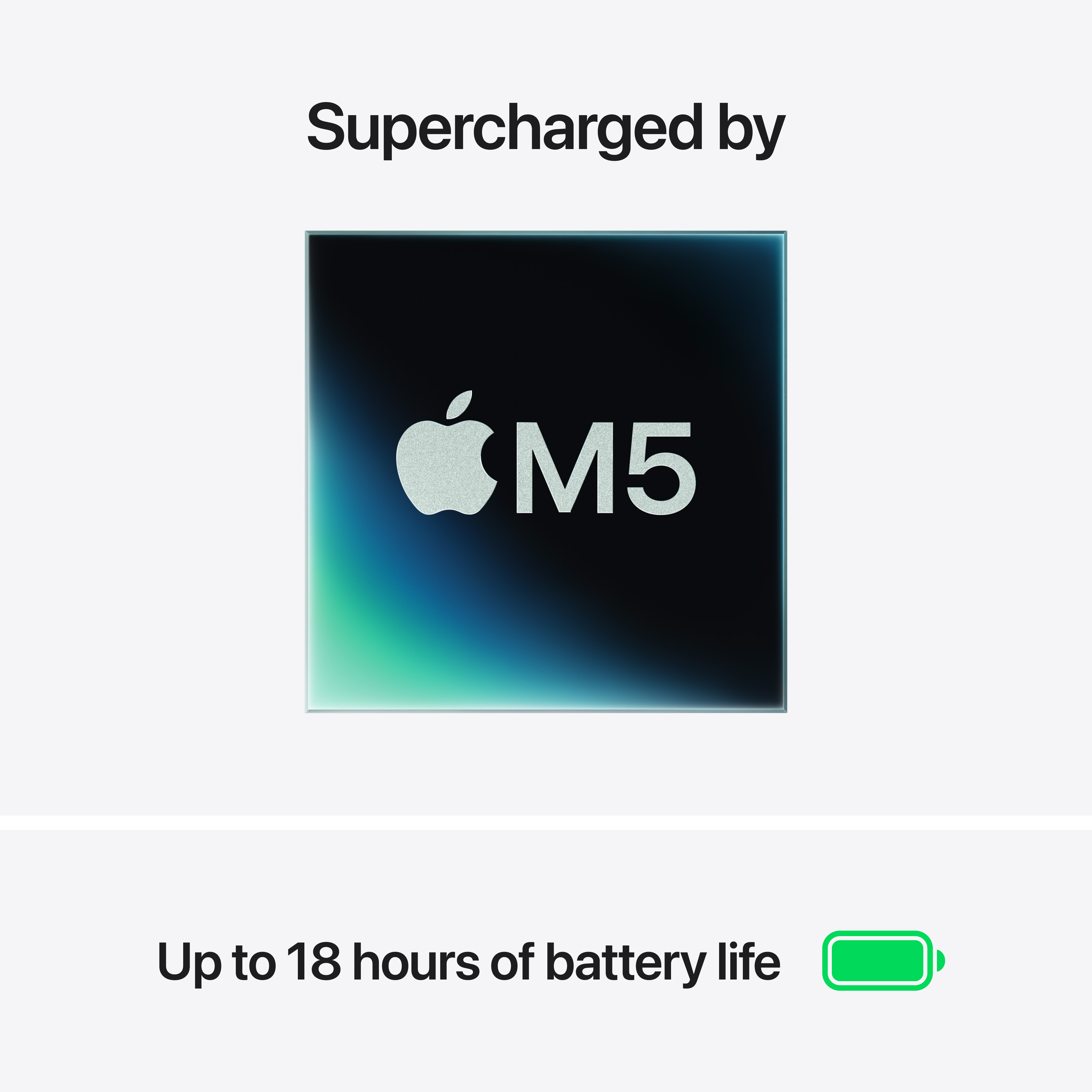 Chip Apple M5 con fino a 18 ore di batteria.