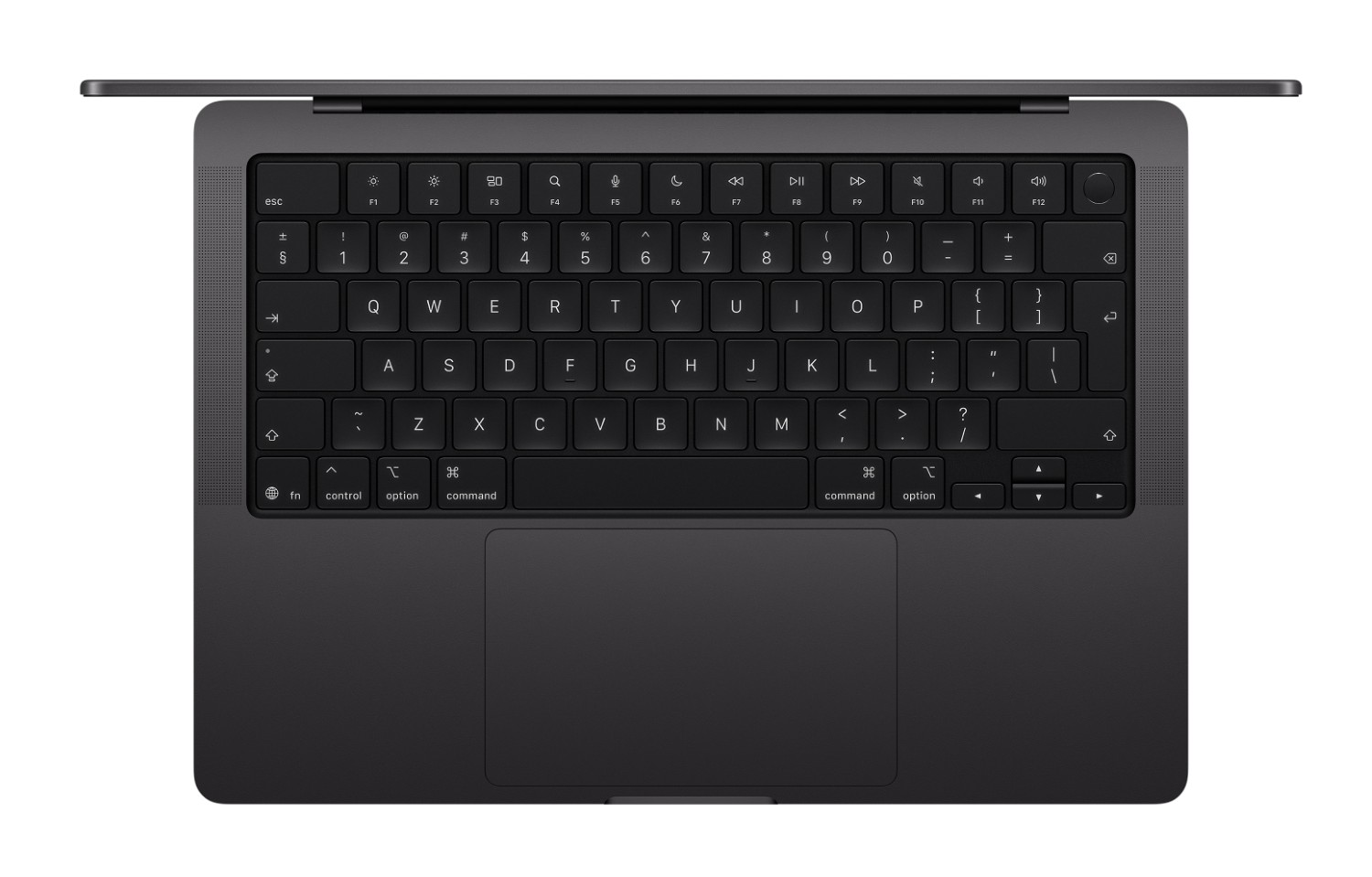 Widok z góry ciemnego laptopa, widoczna klawiatura i gładzik.