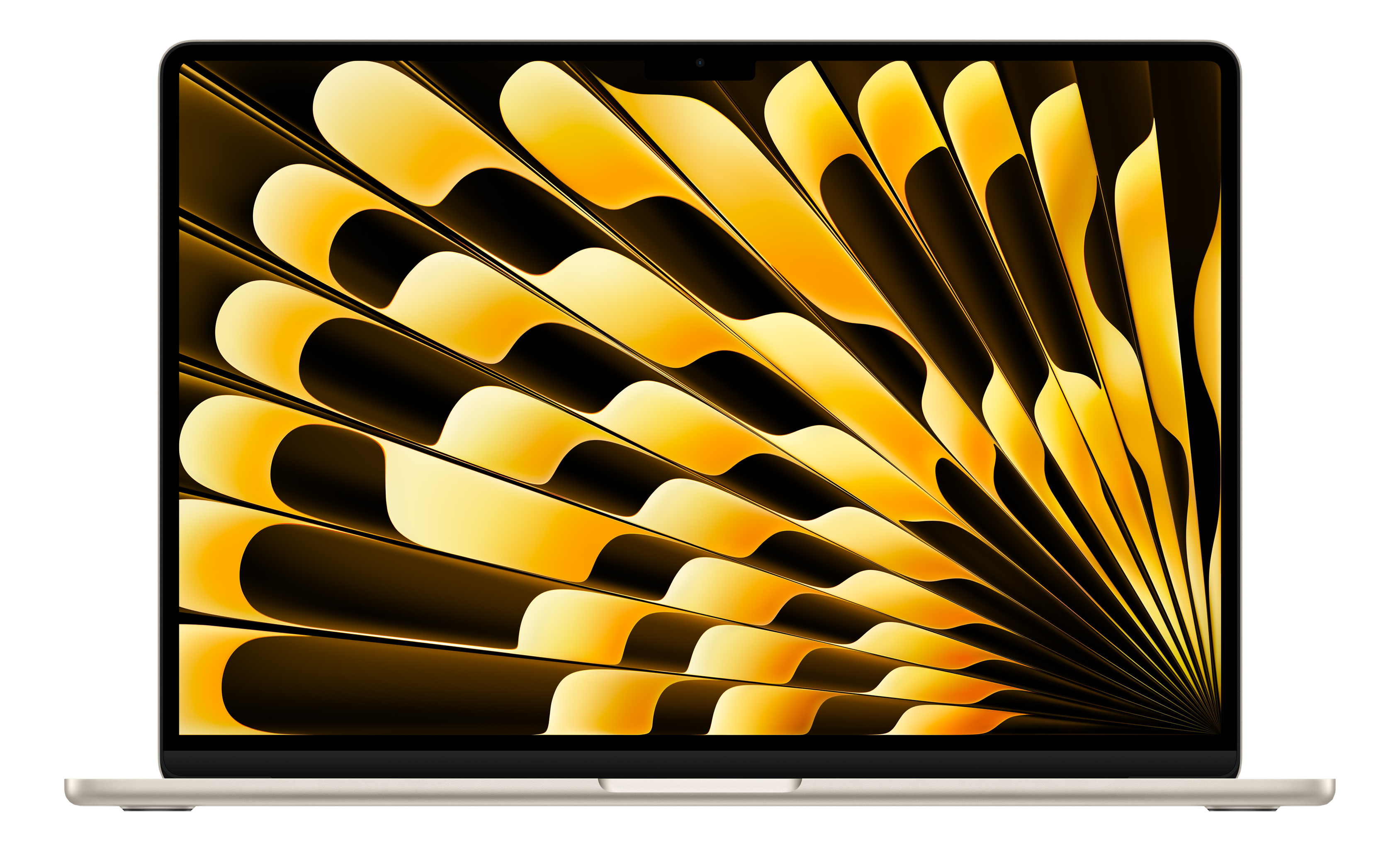 Ein Laptop mit einem goldenen, fächerförmigen Hintergrundbild.