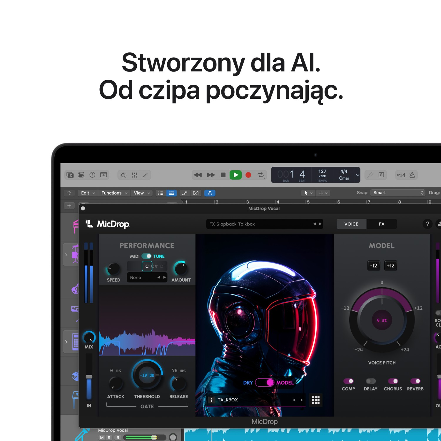 Oprogramowanie do produkcji muzycznej z grafiką astronauty i kontrolkami audio.