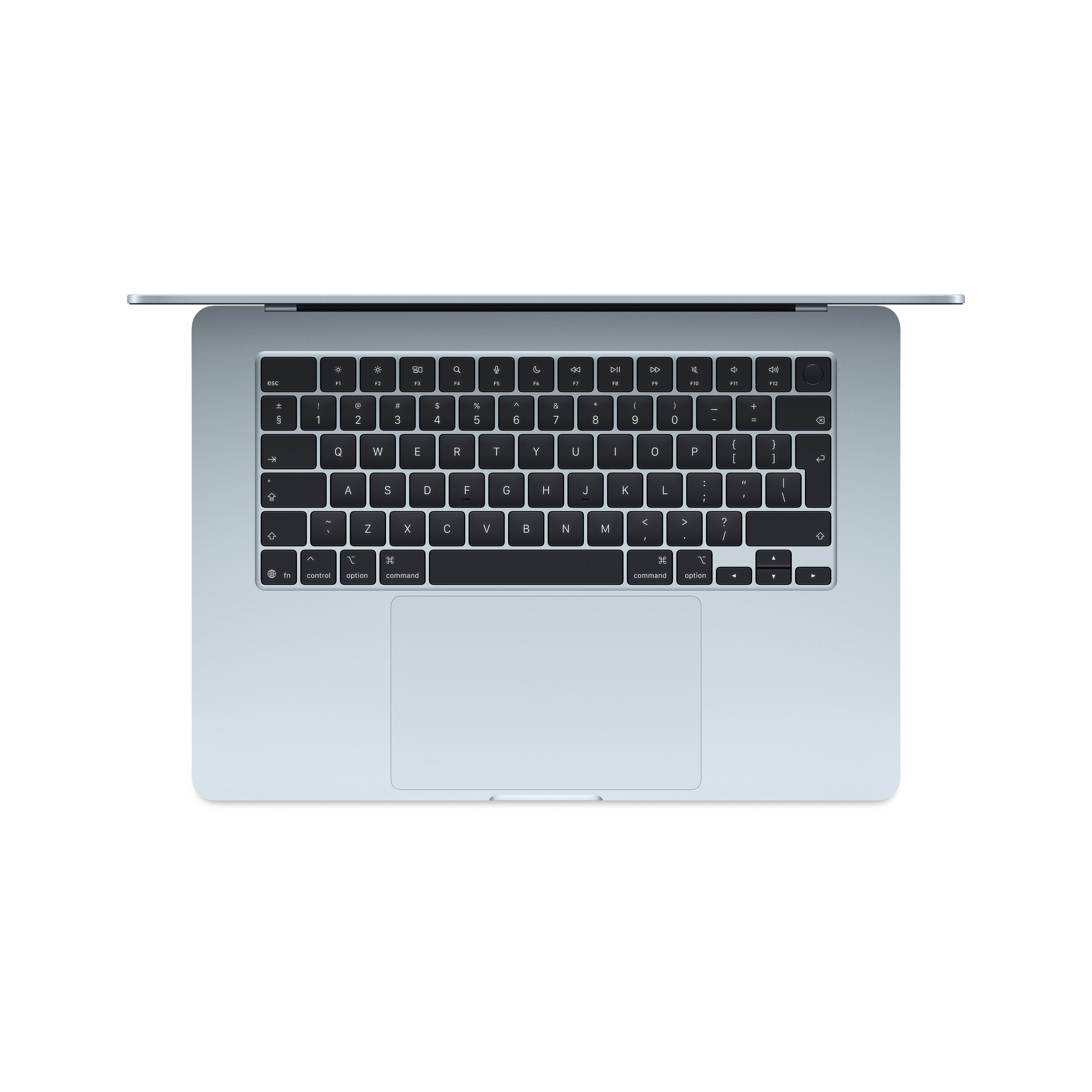 Un laptop argentato aperto visto dall'alto, con focus su tastiera e trackpad.