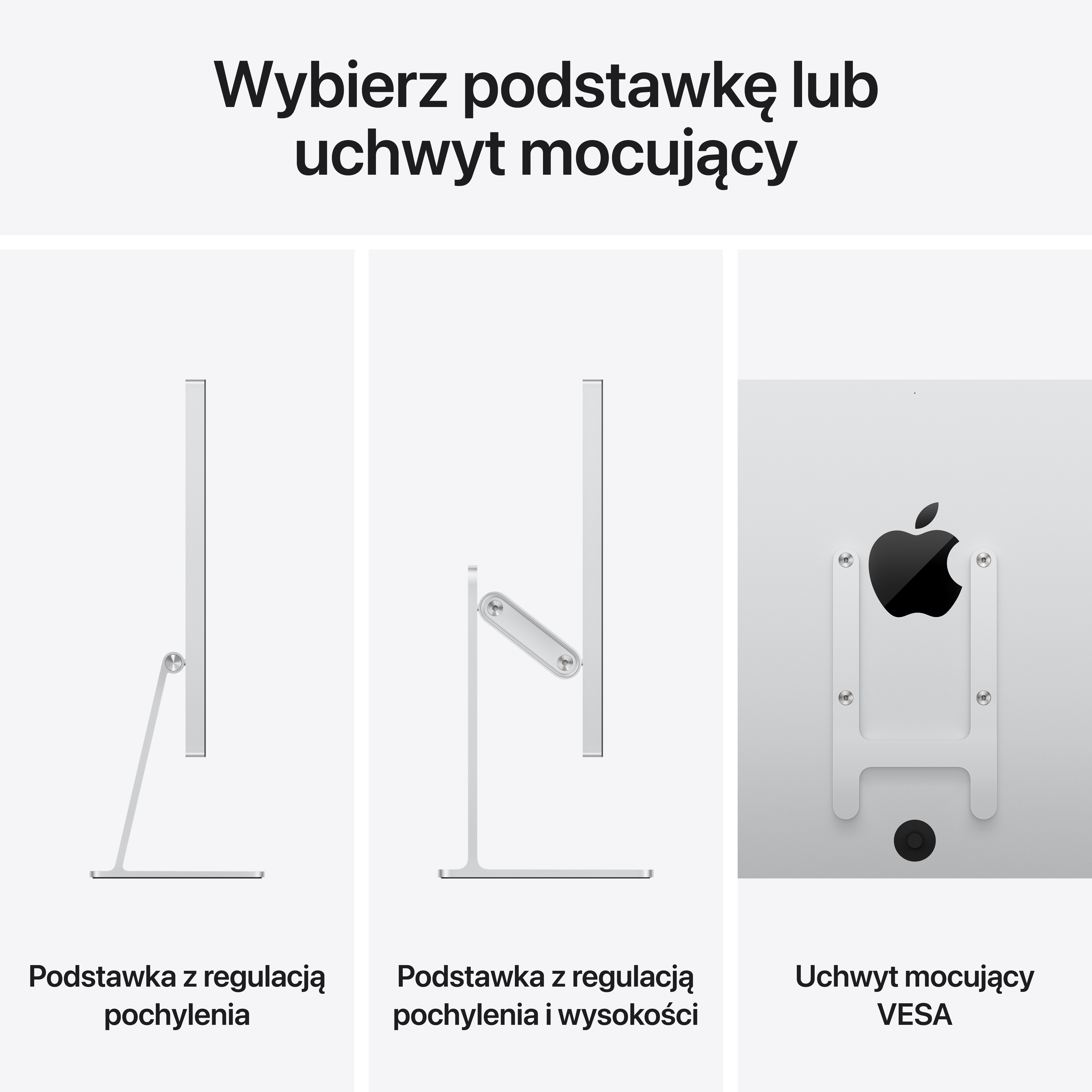 Trzy podstawki pod monitor i uchwyt VESA, jedna z regulacją pochylenia, druga wysokości.