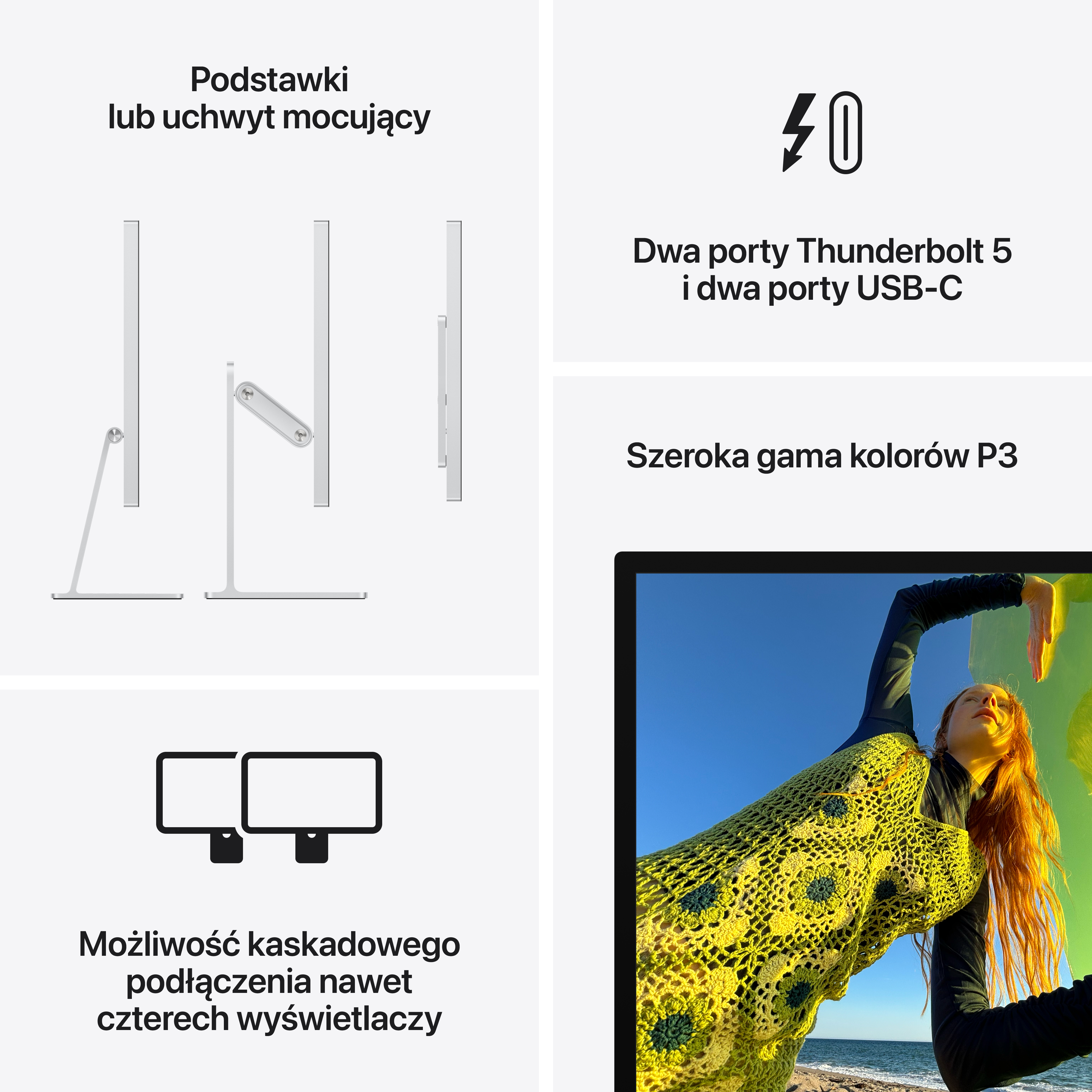 Ruda kobieta w żółtej kamizelce na plaży, błękitne niebo.