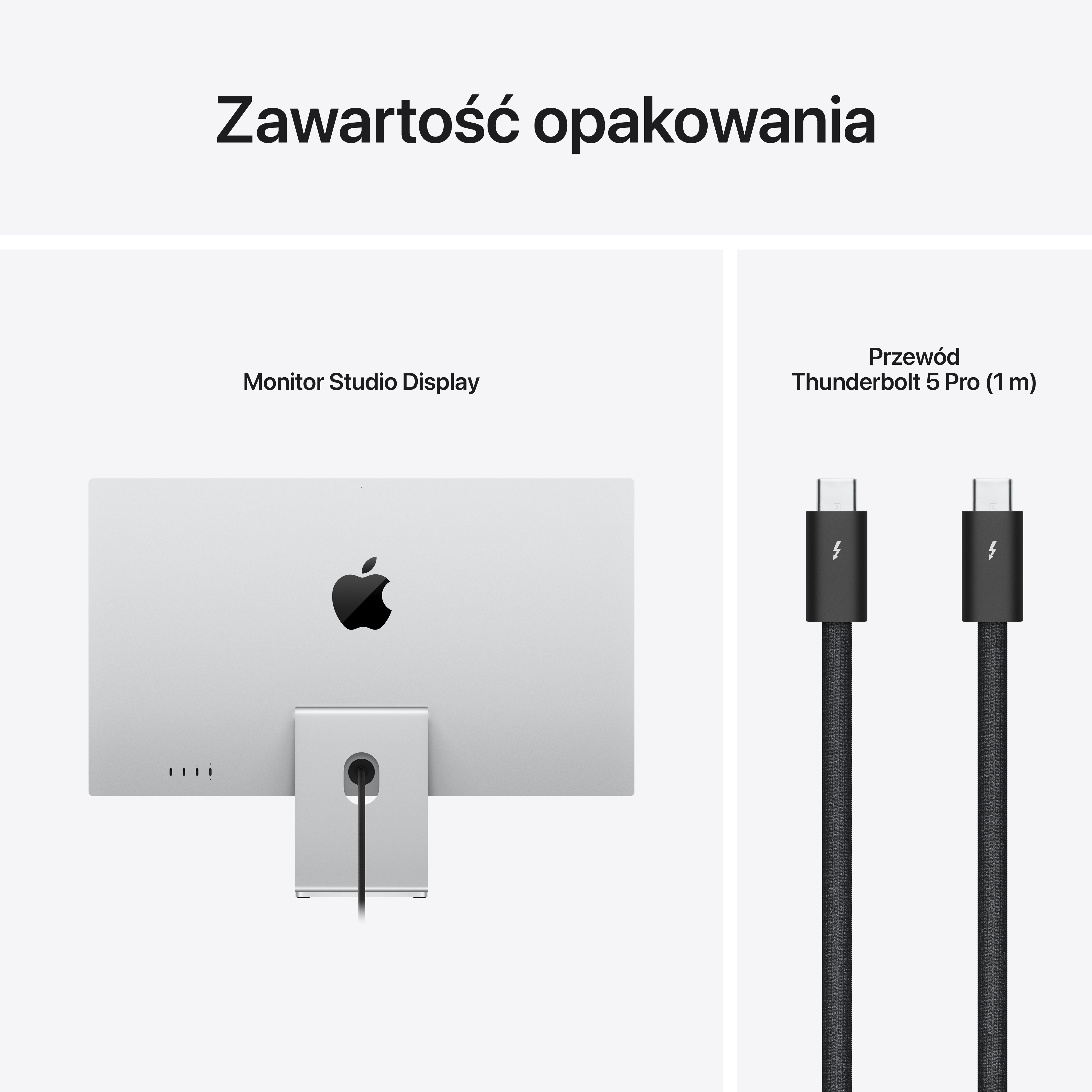 Tył monitora Apple Studio Display i dwa czarne kable Thunderbolt 5 Pro.