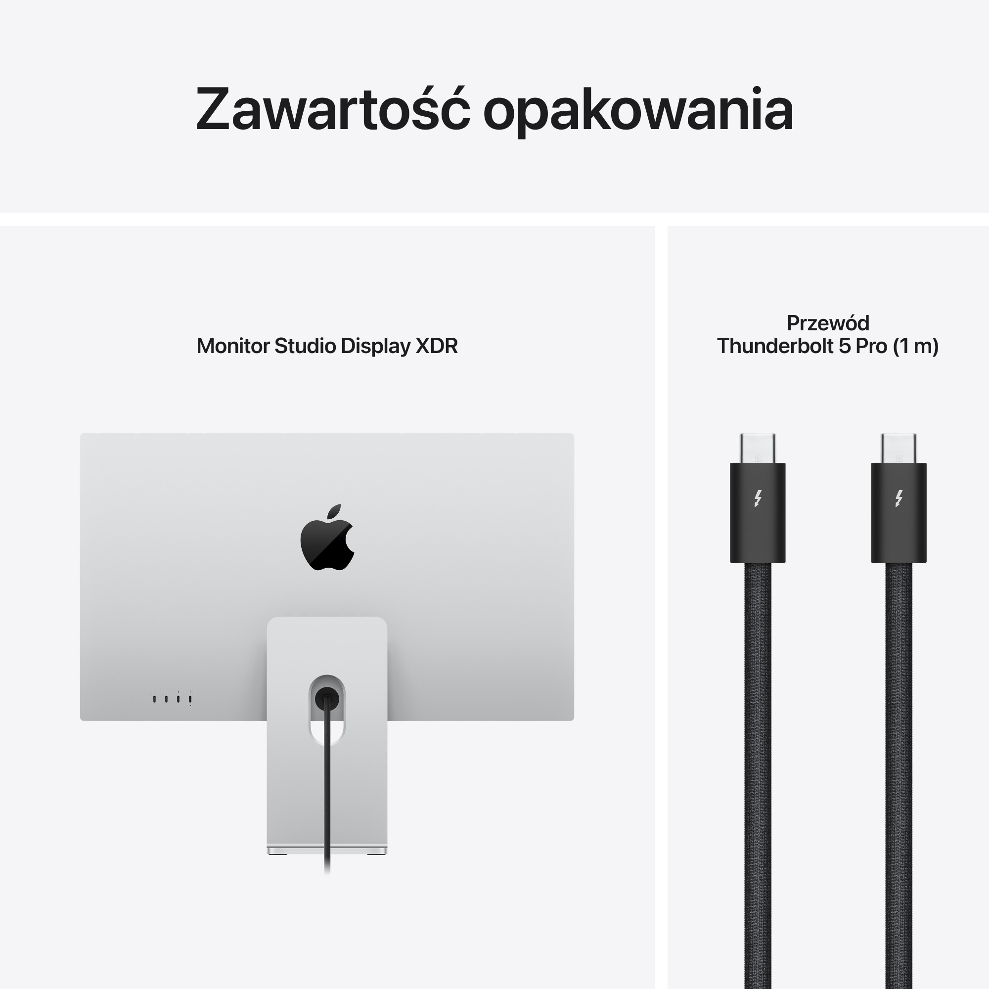 Tył monitora Apple Studio Display i dwa kable Thunderbolt.