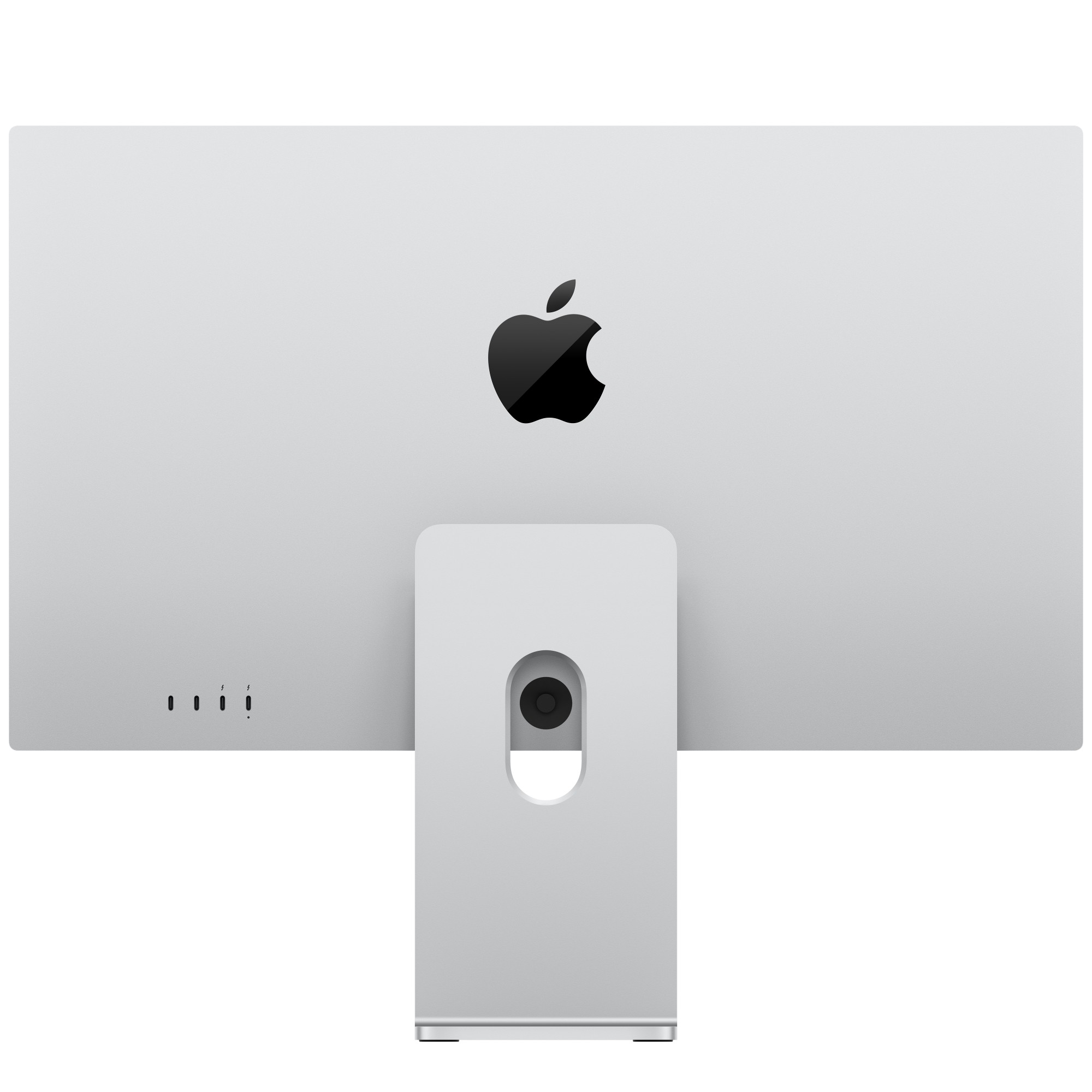 Tył srebrnego iMac-a z logo Apple i podstawką. Widoczne porty.
