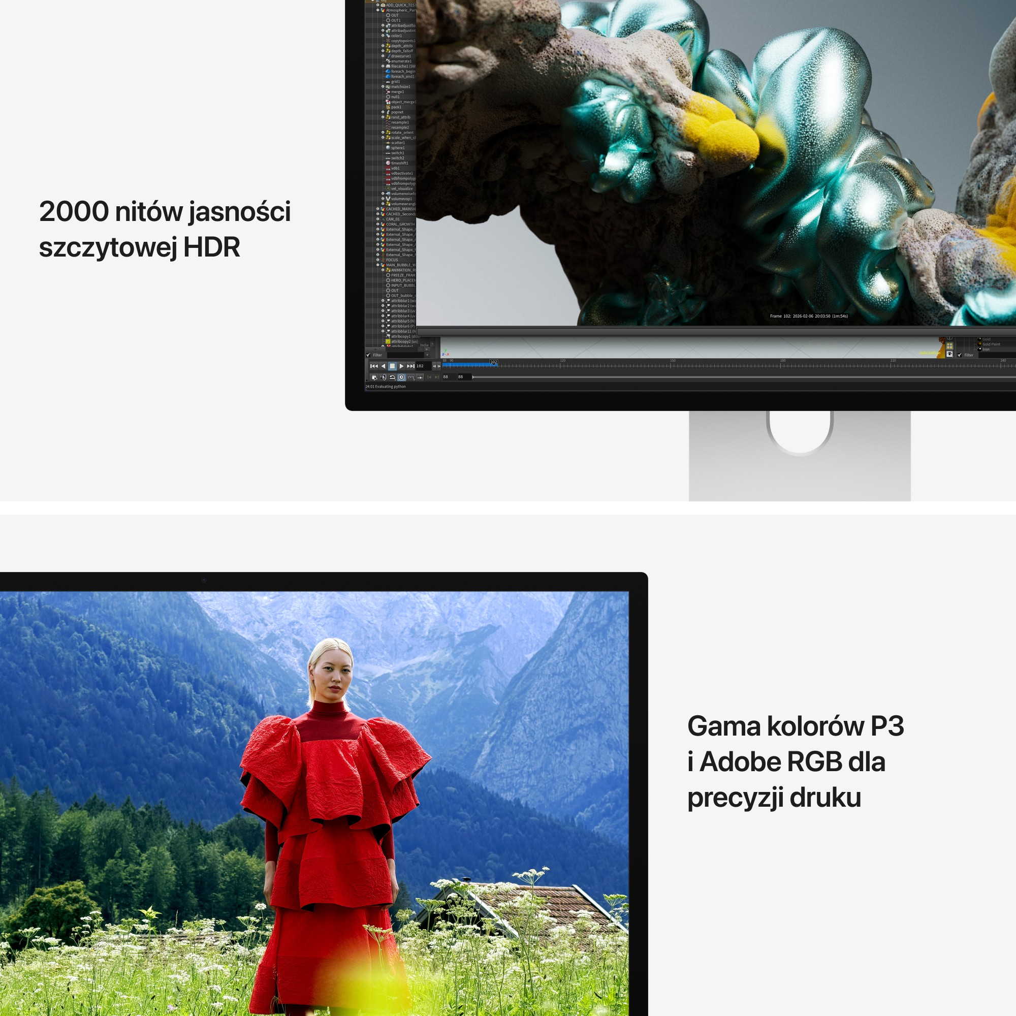Monitor pokazuje grafikę HDR i kobietę w czerwonej sukience w górskim krajobrazie.