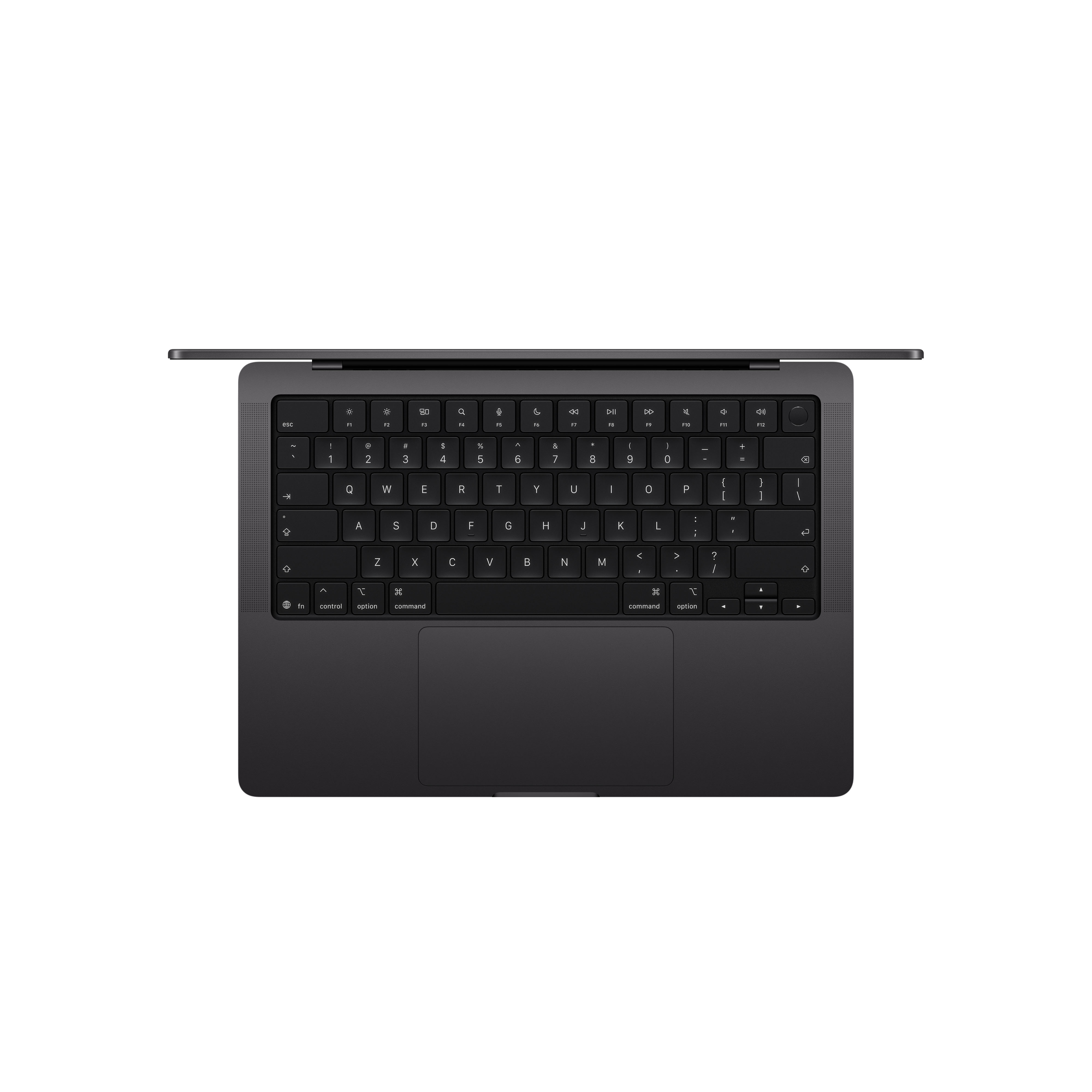 MacBook gris foncé, couvercle ouvert, clavier et trackpad visibles.