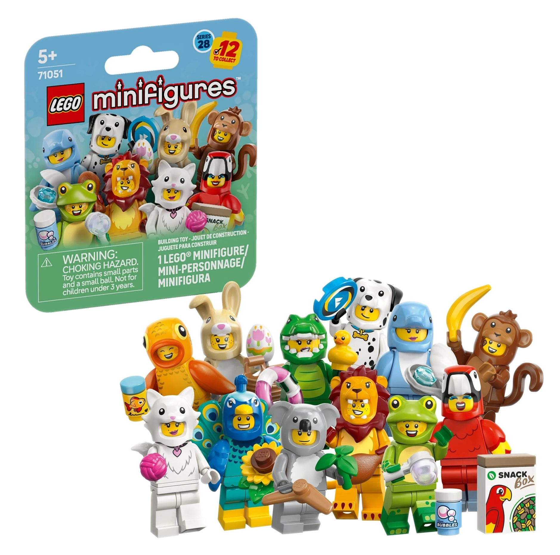 Lego Minifigurki Seria 28: zwierzęta jak kot, pies, żaba, lew, ptak, małpa, koala.