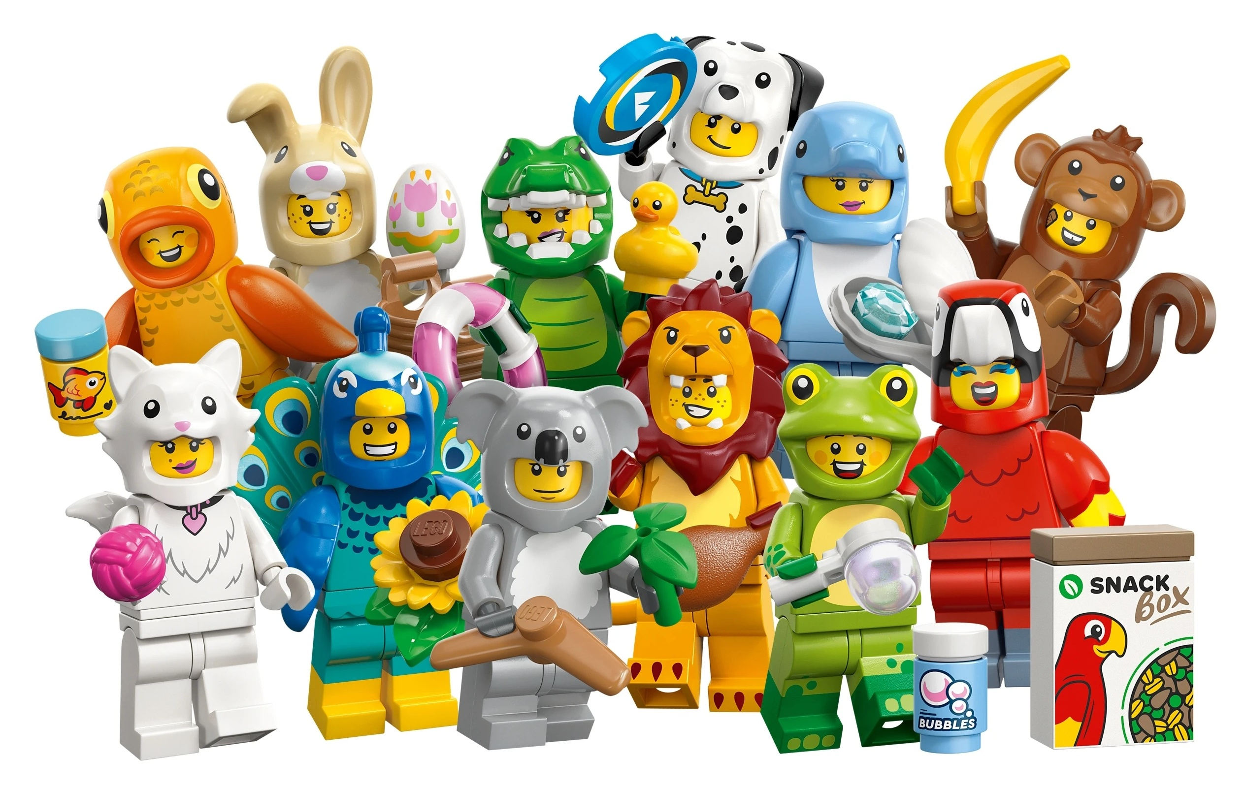Figurki LEGO w kostiumach zwierząt: kot, paw, koala, lew, żaba, małpa, pies, delfin, krokodyl, królik, kaczka.