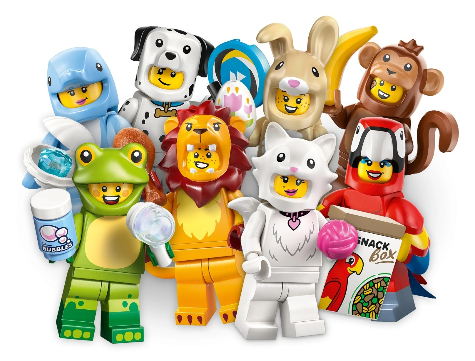 Figurki LEGO: Żaba, Pies, Lew, Kot, Papuga, Małpa, Królik, Delfin.