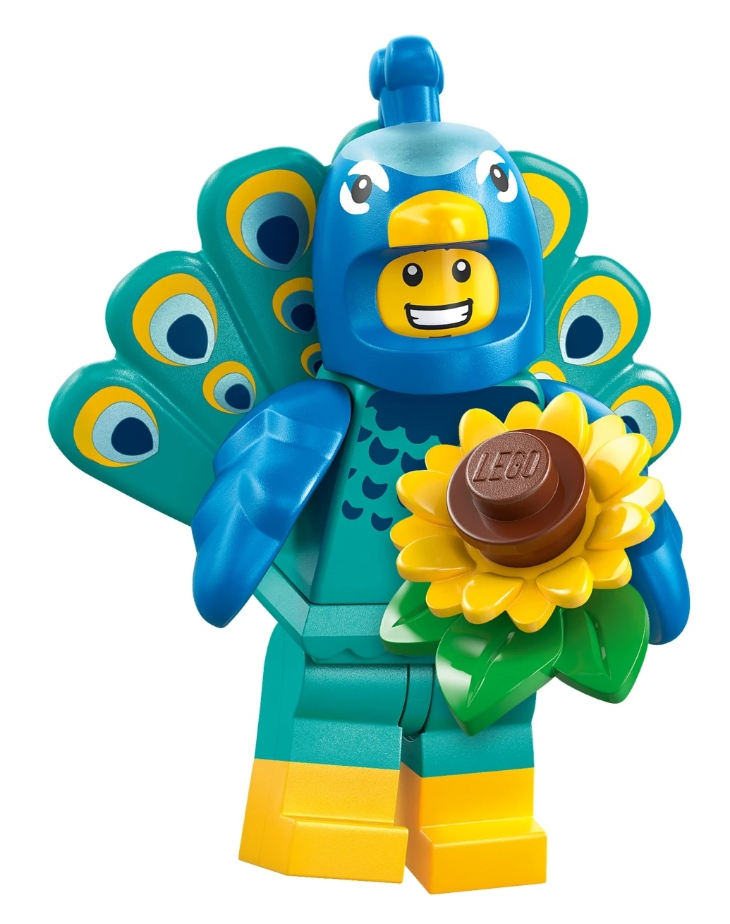 Minifigurka Lego w stroju pawia trzyma żółty słonecznik.
