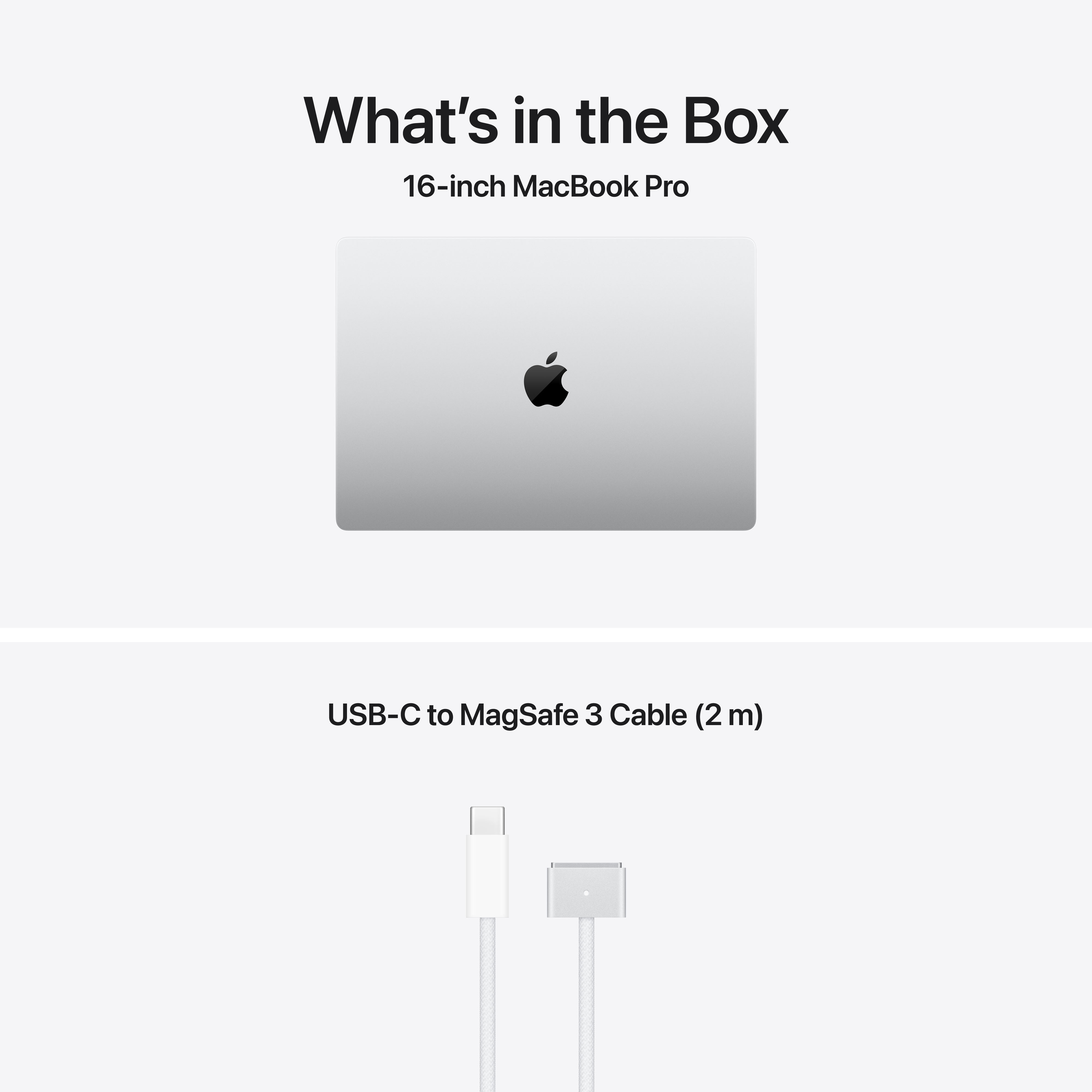 Ein silberner 16-Zoll MacBook Pro und ein weißes USB-C-zu-MagSafe-3-Kabel.