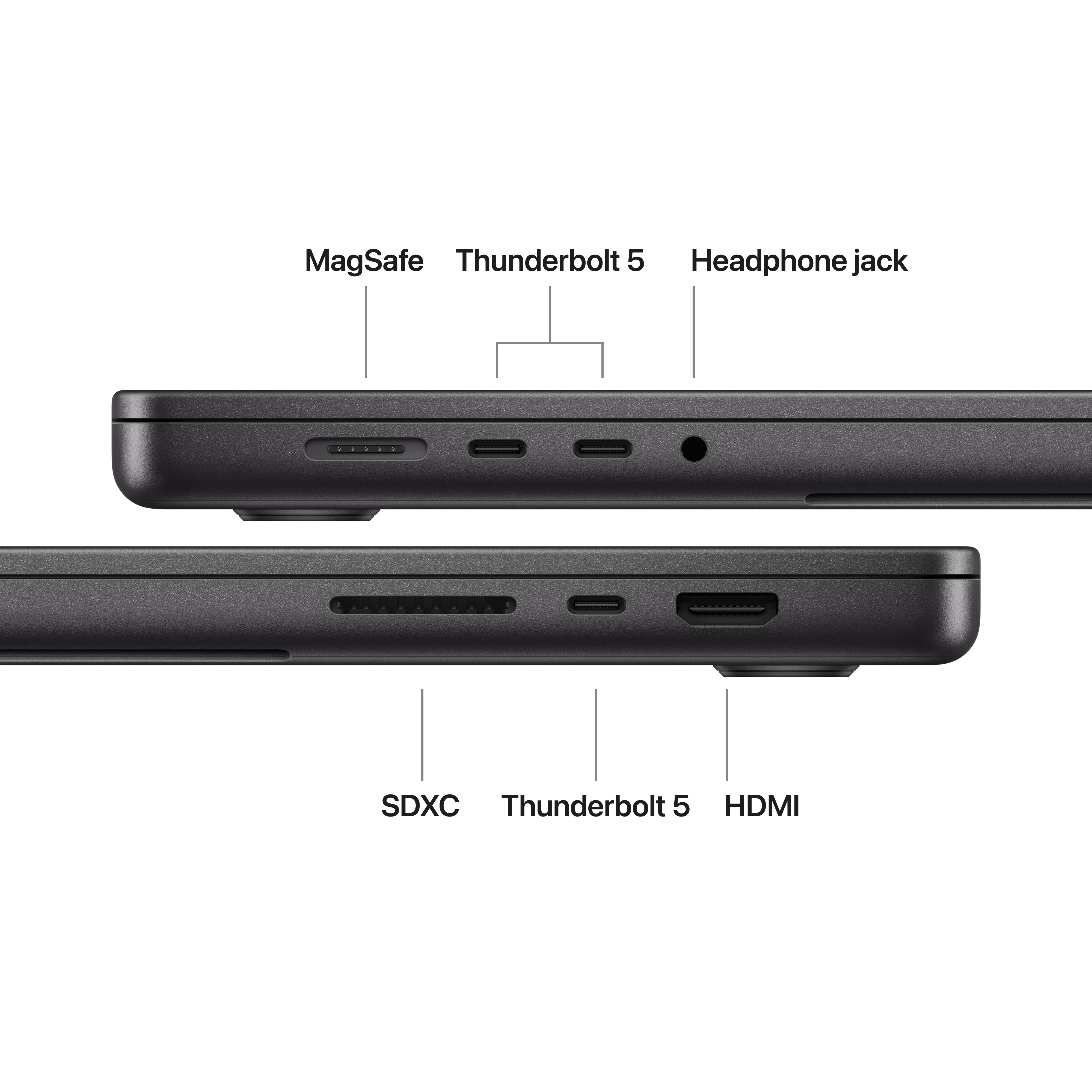 Primo piano delle porte del laptop: MagSafe, Thunderbolt 5, jack per cuffie, SDXC, HDMI.