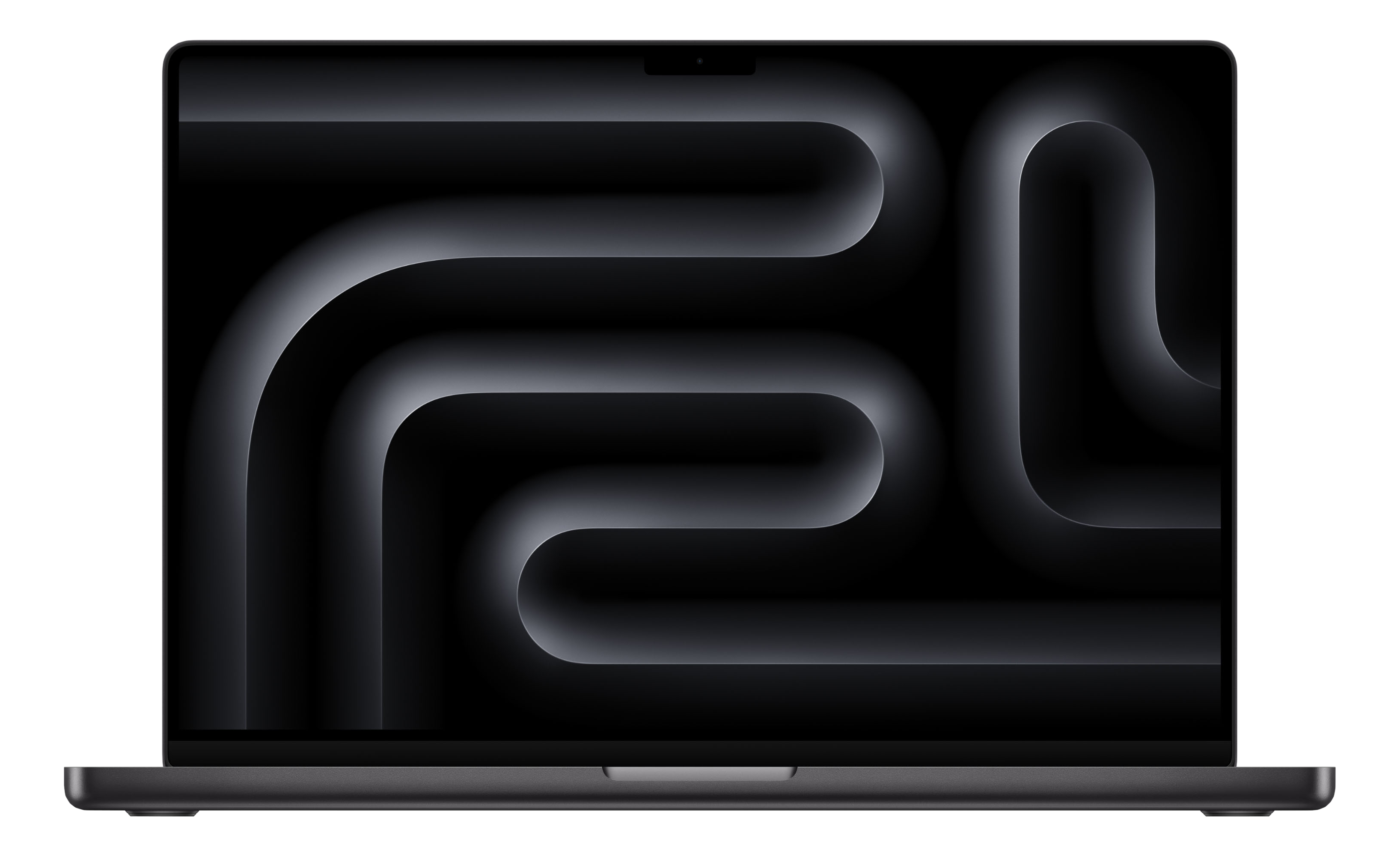 Ein dunkles MacBook Pro mit einem abstrakten, geschwungenen Hintergrund.