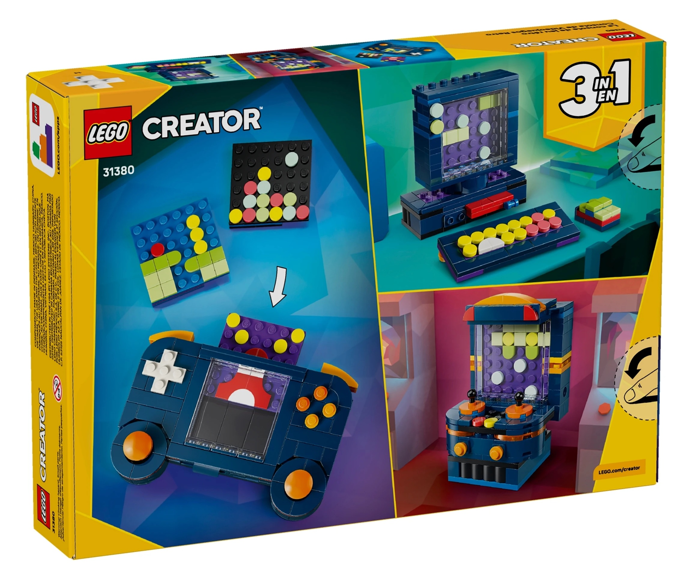 Pudełko LEGO Creator pokazuje 3 modele do zbudowania: konsolę, przenośną i automat.