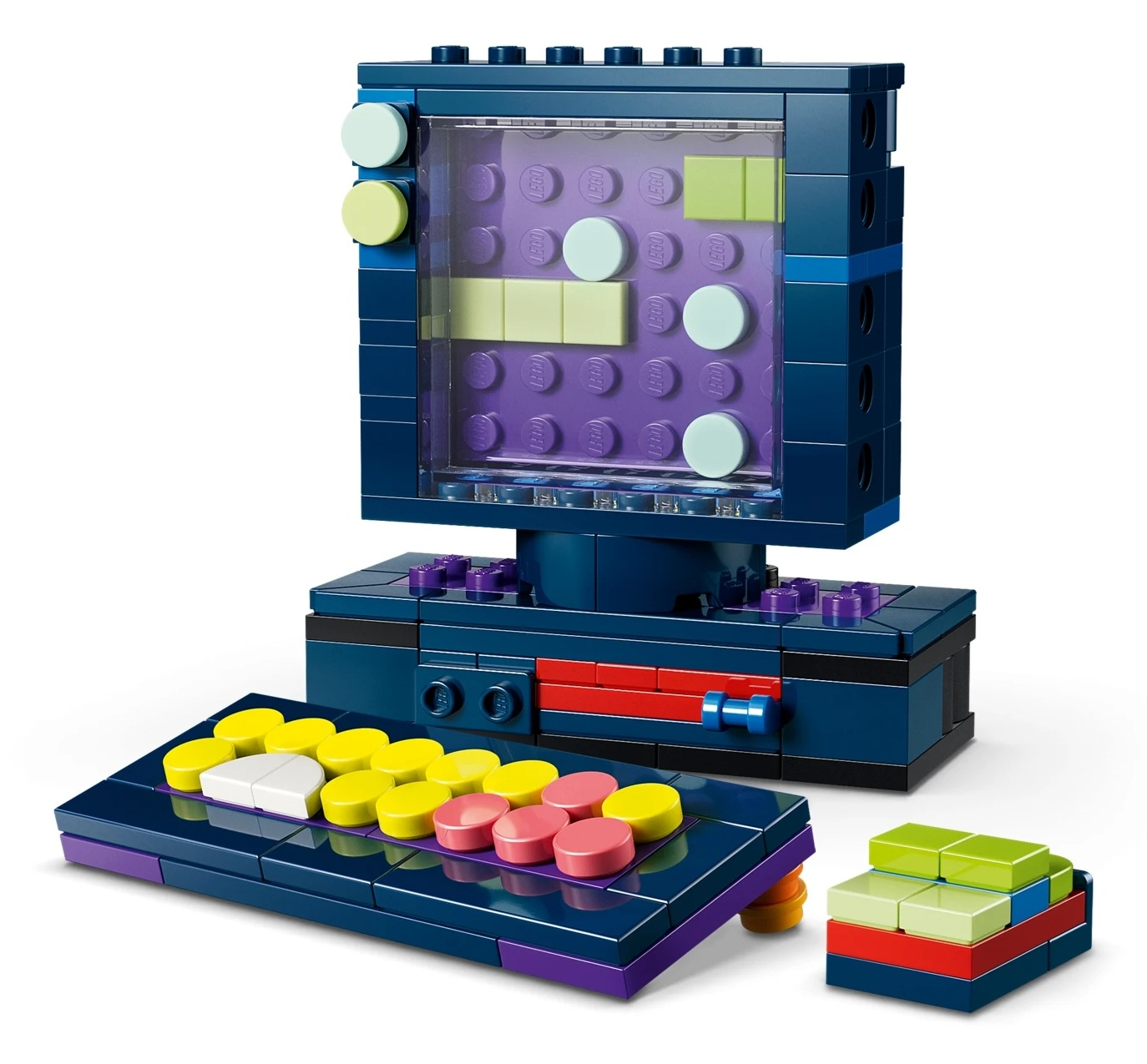 Ciemnoniebieski gadżet do gier Lego z klawiaturą i małą wieżą z klocków.