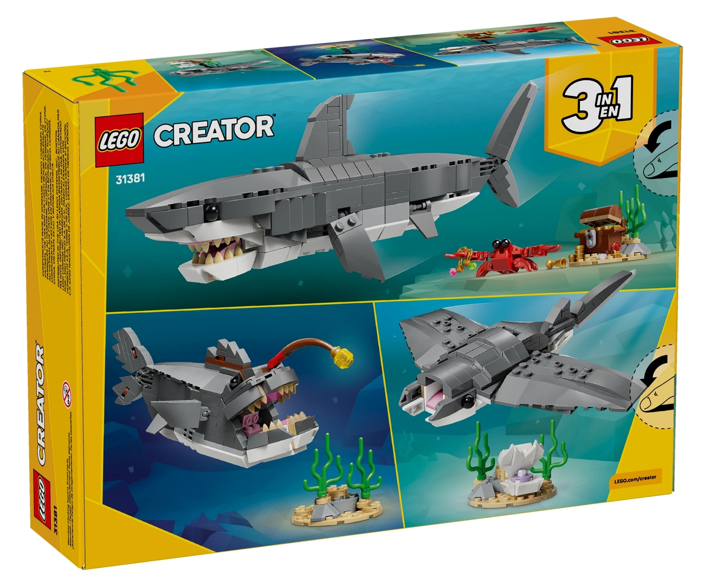 Pudełko LEGO Creator pokazuje trzy modele: rekina, rybę-wiedźmę i samolot.