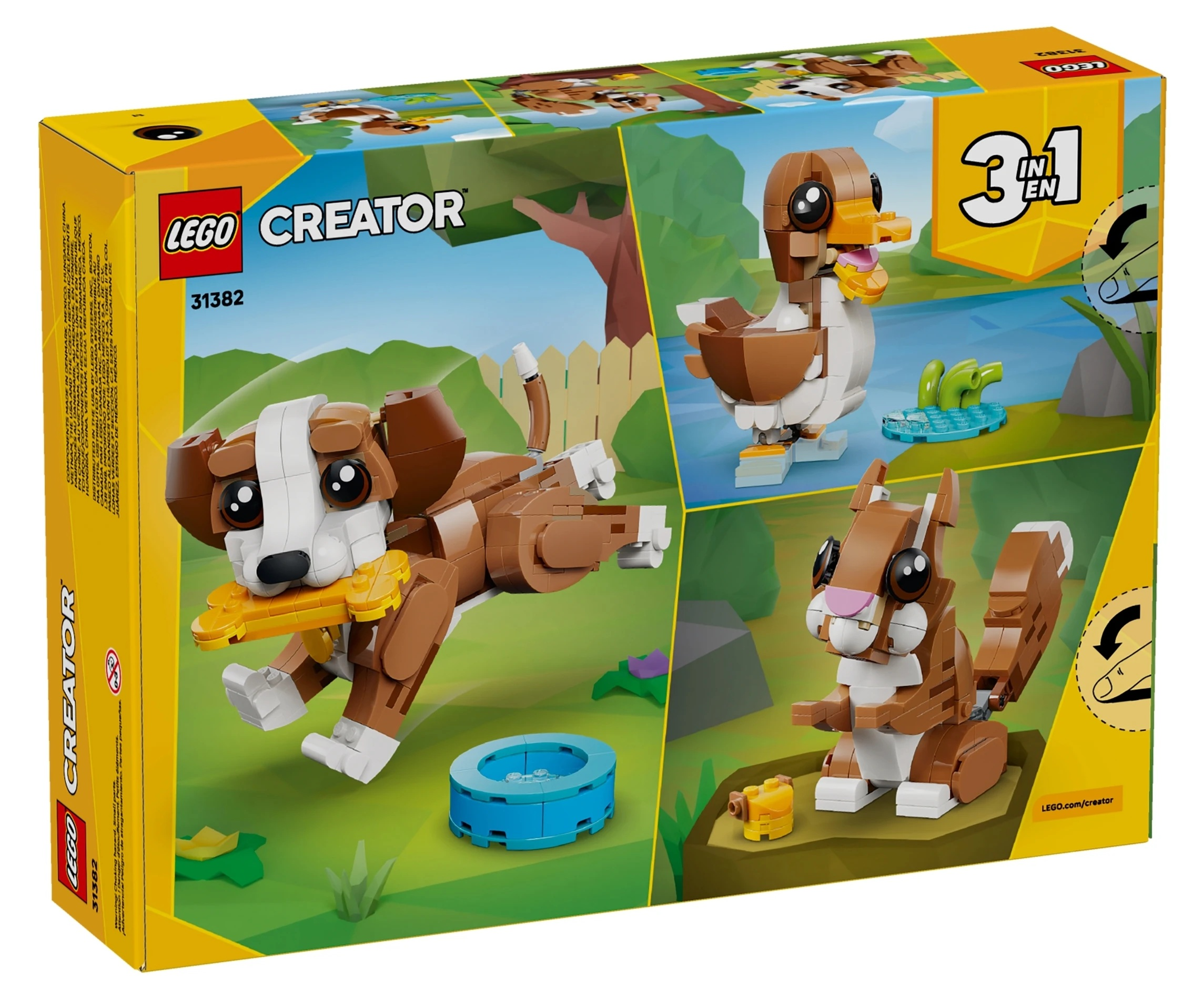 Pudełko LEGO Creator prezentujące modele psa, kaczki i wiewiórki.