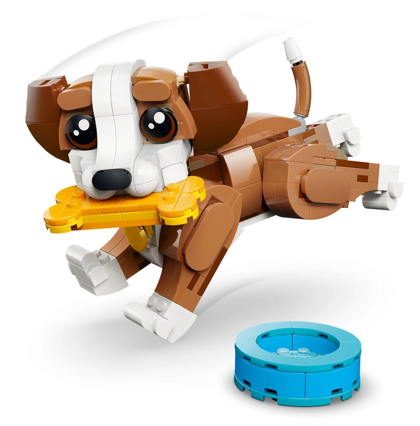 Brązowy pies Lego z żółtą kością i niebieską miską.
