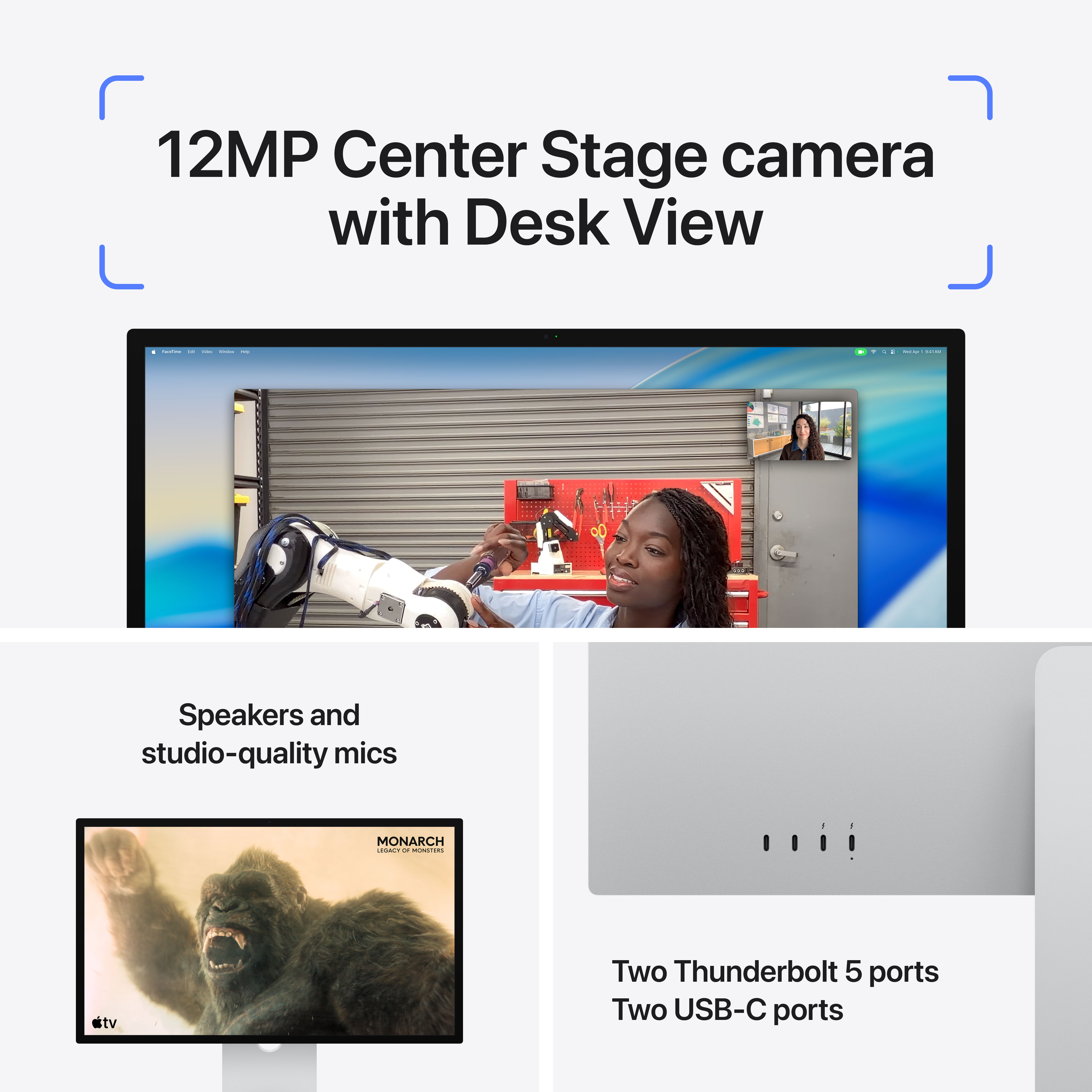 Fotocamera Center Stage da 12MP, iMac con poster di Kong e porte Thunderbolt/USB-C.