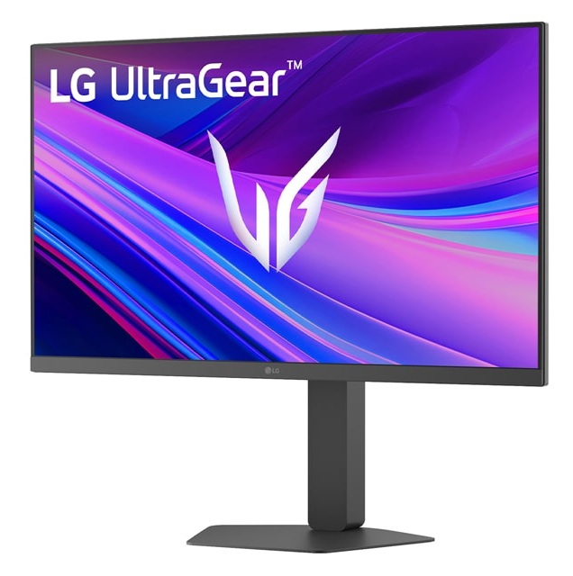 Monitor LG UltraGear z fioletowo-niebieskim abstrakcyjnym tłem.