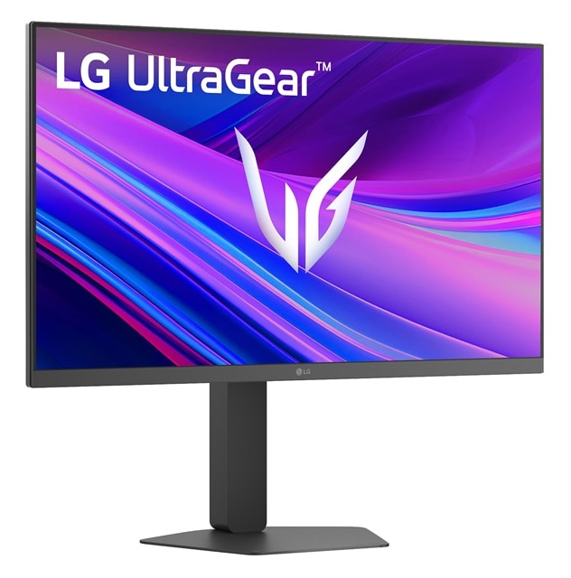 Monitor LG UltraGear z żywym, abstrakcyjnym tłem.