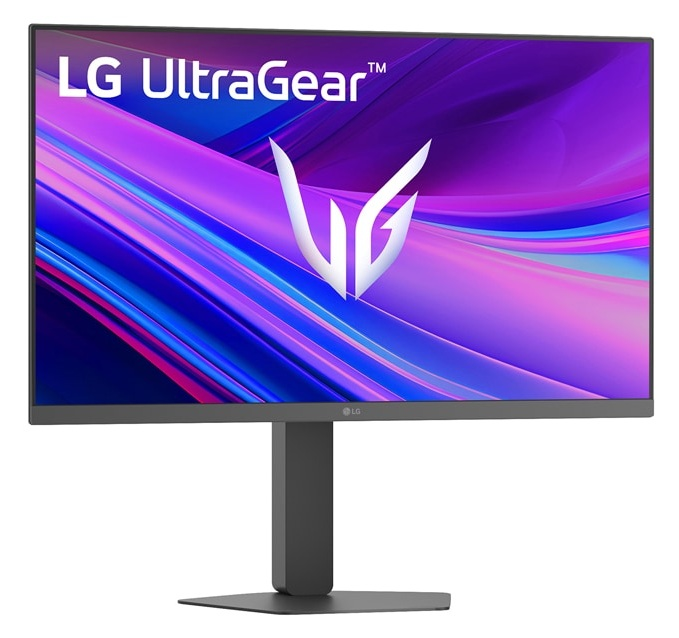 Monitor gamingowy LG UltraGear z abstrakcyjnym, kolorowym tłem.